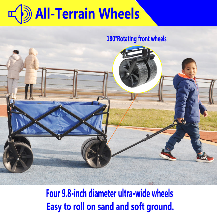 Blue folding wagon with allterrain wheels perfect for beach trips
