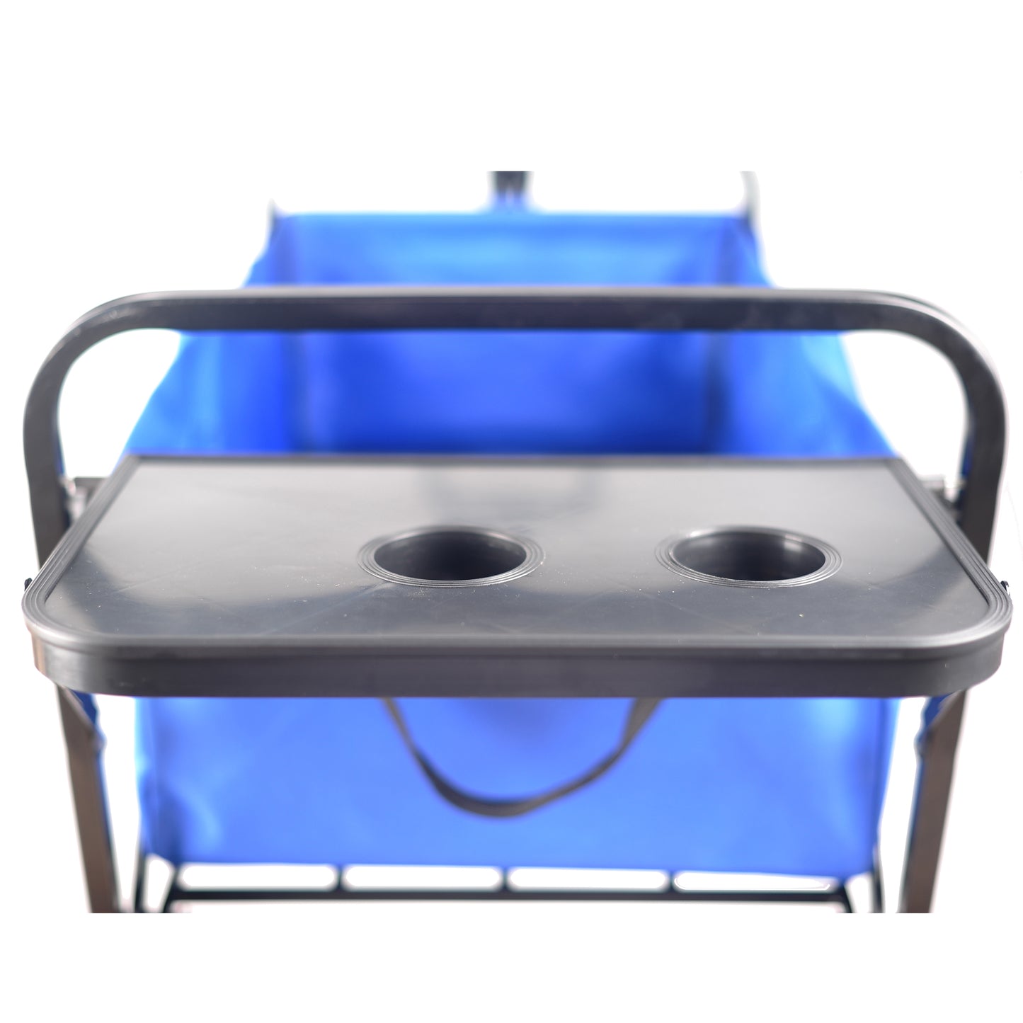 Blue canvas wagon with integrated cup holder tray ideal for beach or park outings