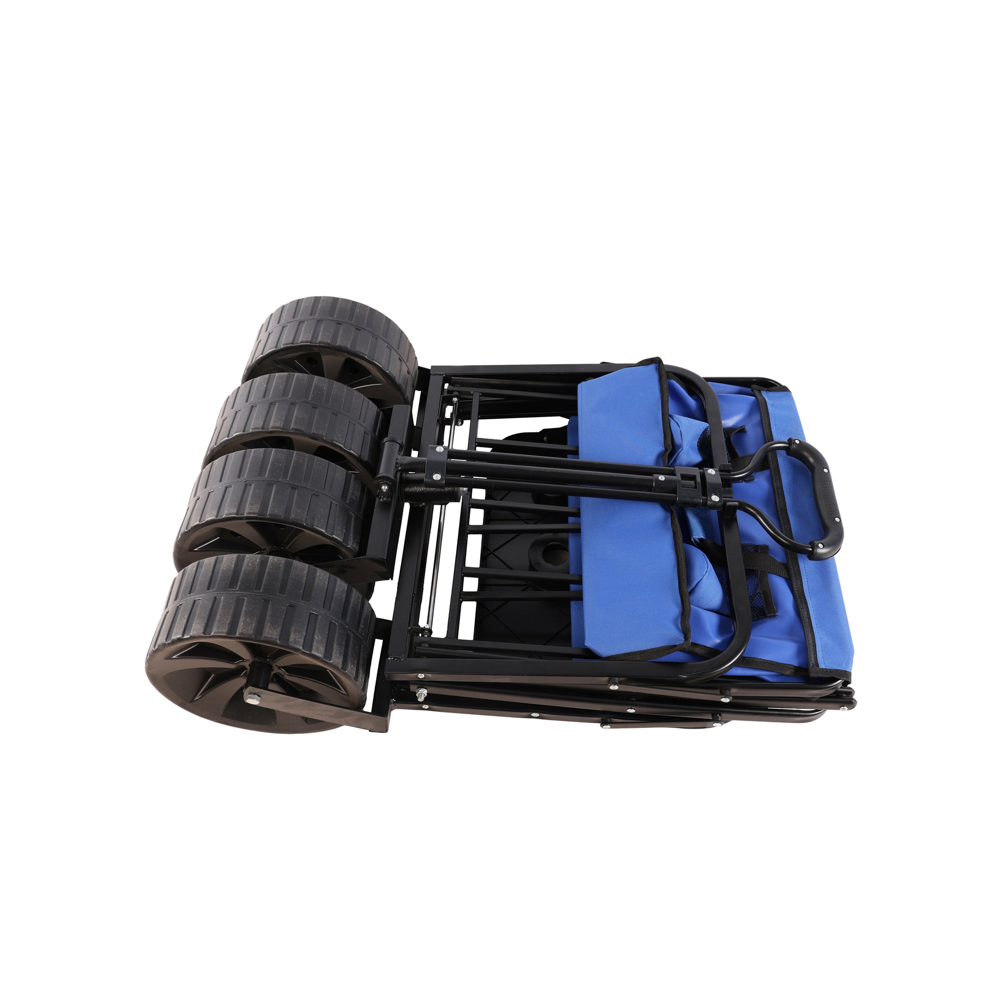 Folded blue canvas wagon with large allterrain wheels ideal for outdoor use