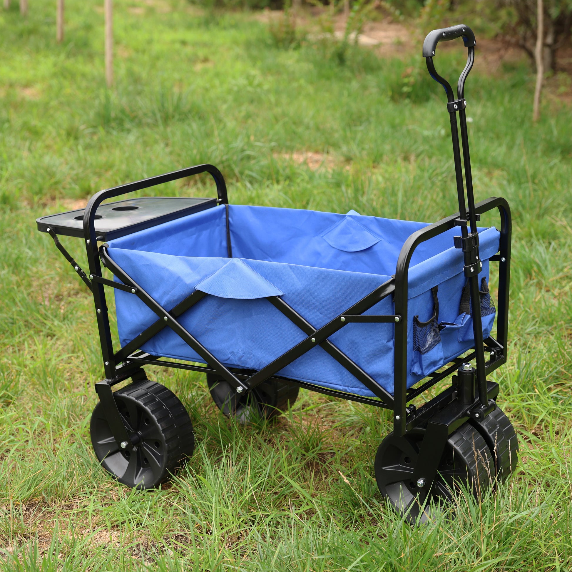 Blue foldable garden cart with sturdy black frame and large wheels