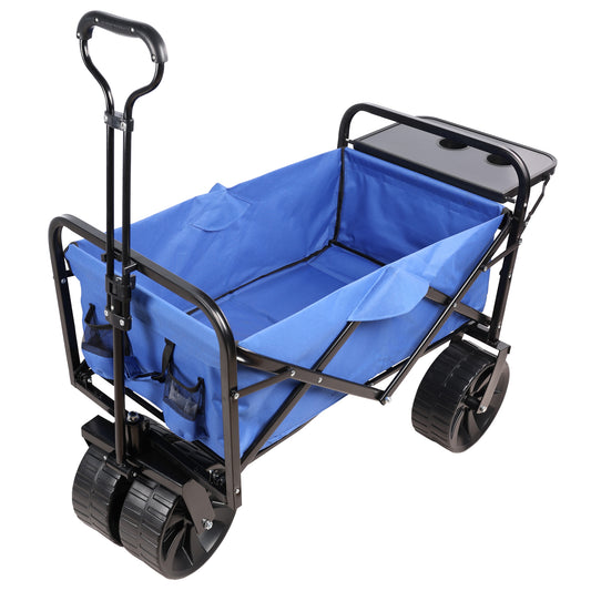 Blue folding wagon with tray and cup holders perfect for outdoor events