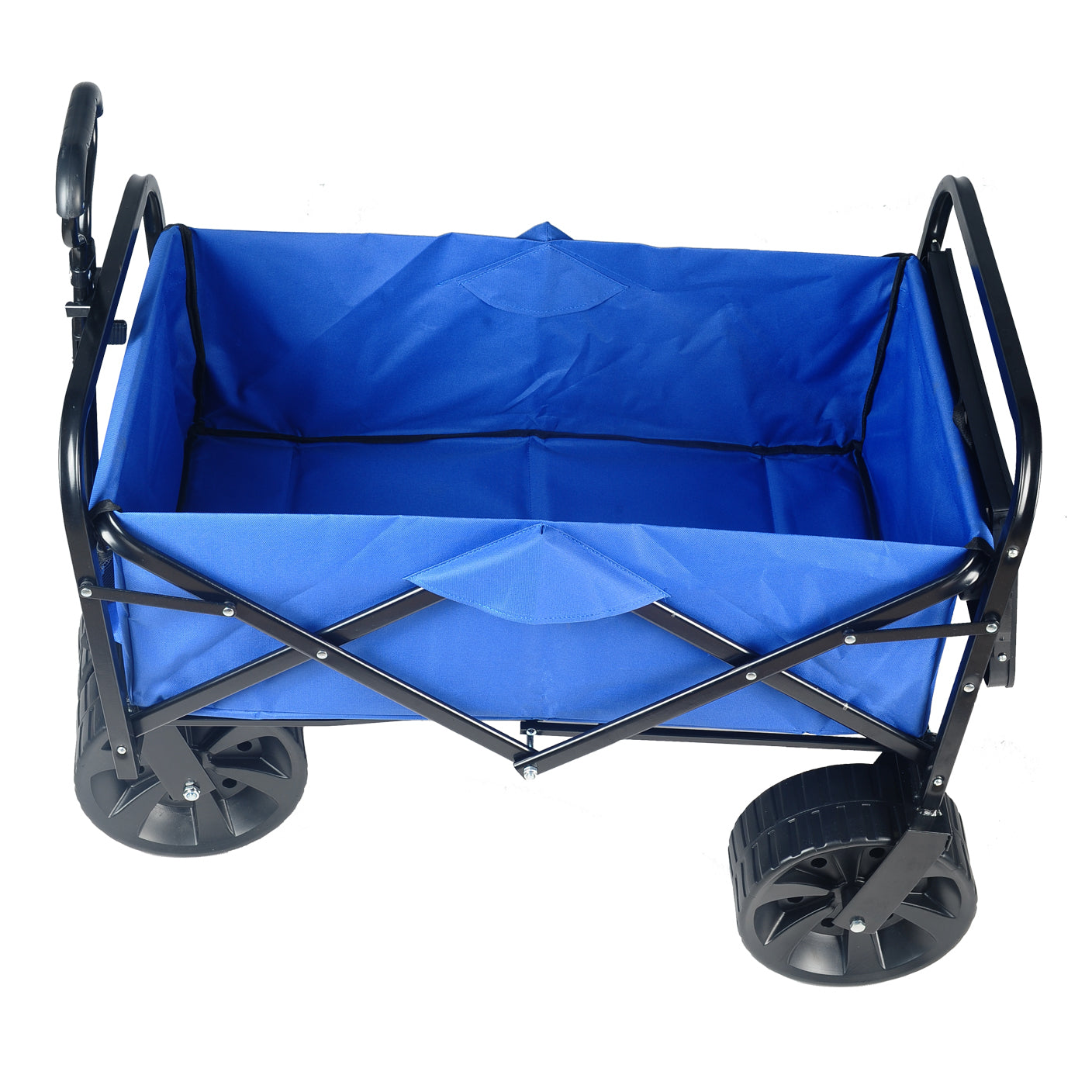 Blue foldable beach wagon with durable steel frame and wide wheels