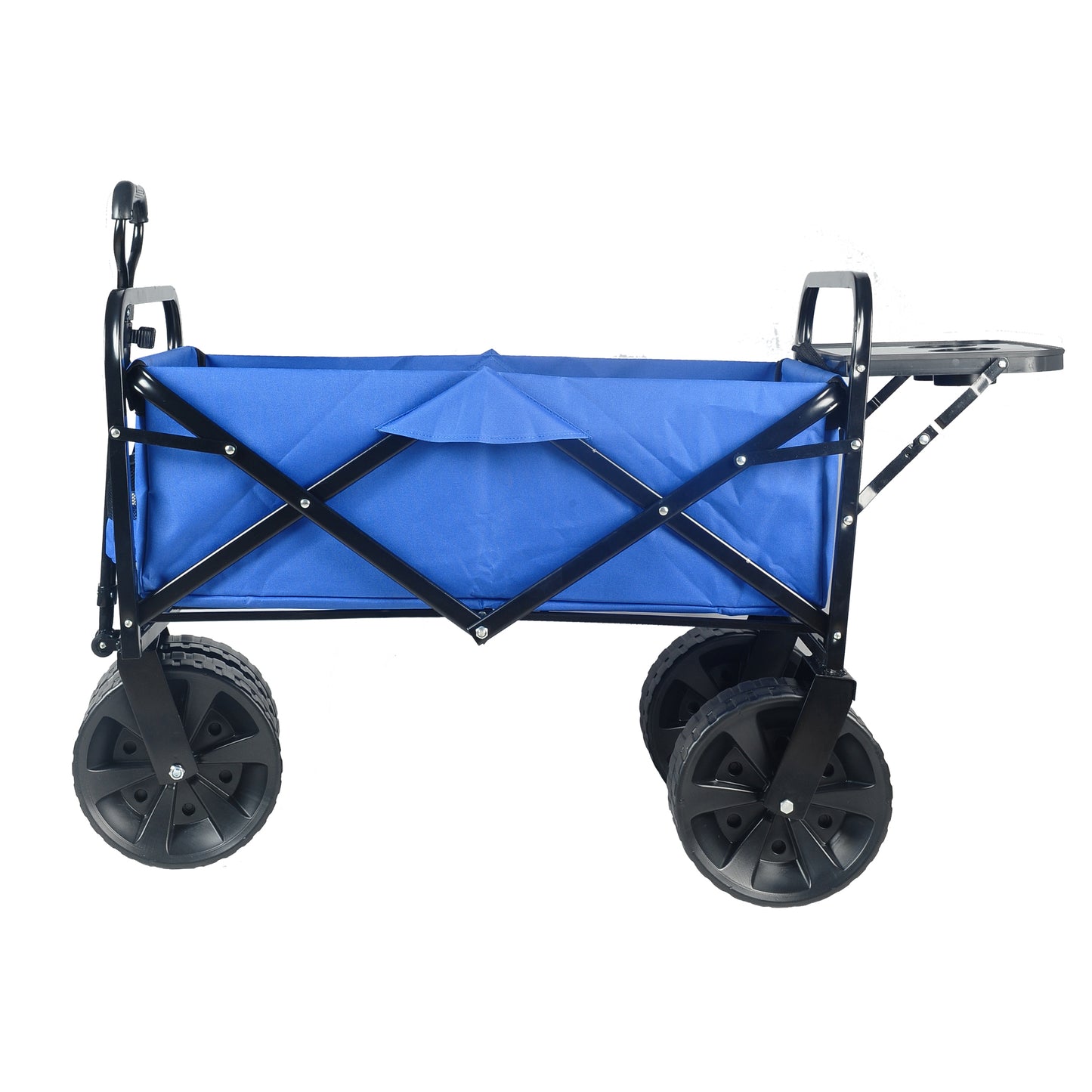 Blue folding wagon with large wheels and a pull handle ideal for outdoor events