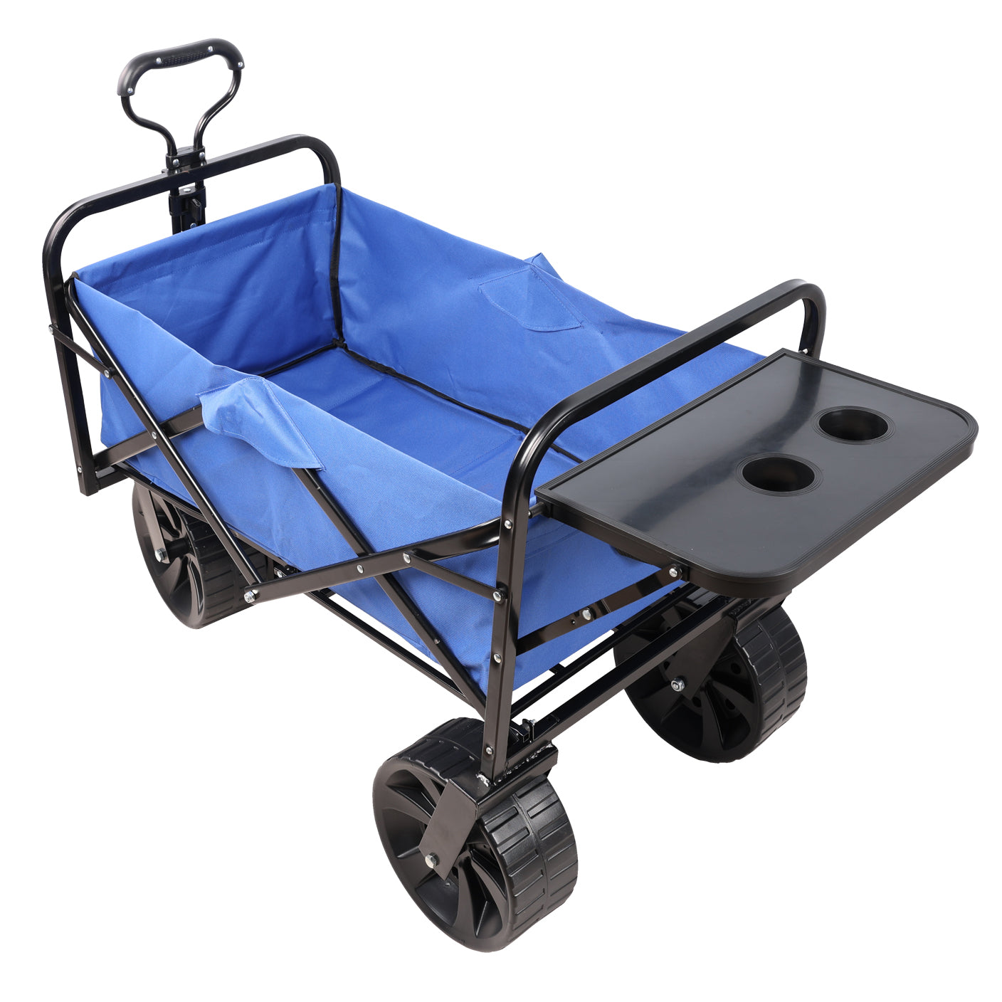 Blue folding wagon with black frame and cup holder tray perfect for outdoor events