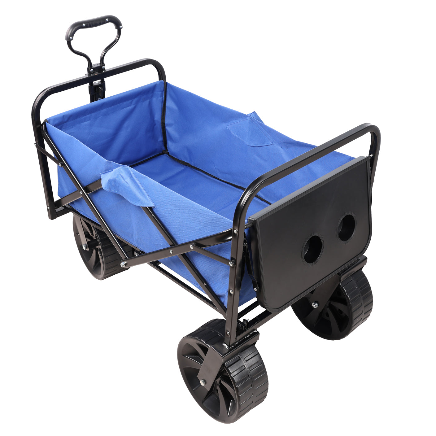 Blue collapsible wagon with black frame and large wheels for outdoor use