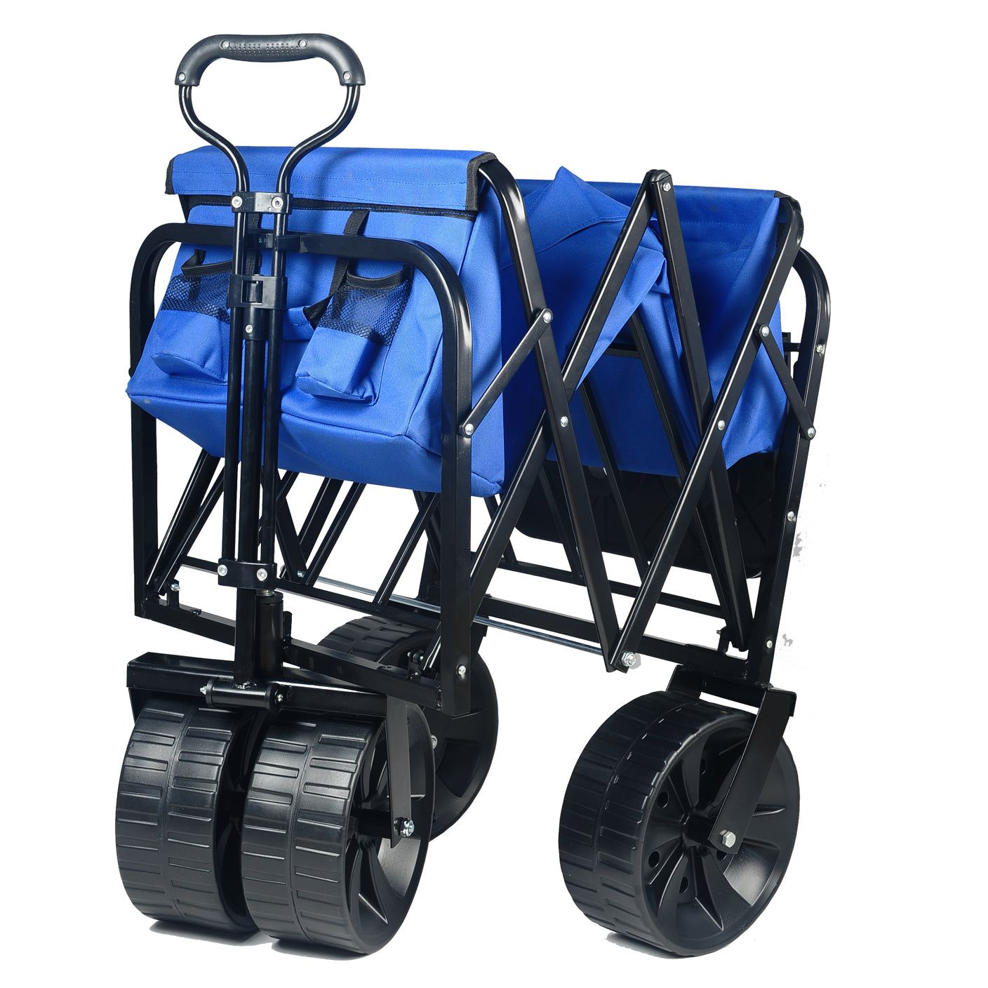 Blue foldable beach wagon with four rugged wheels and a telescoping handle