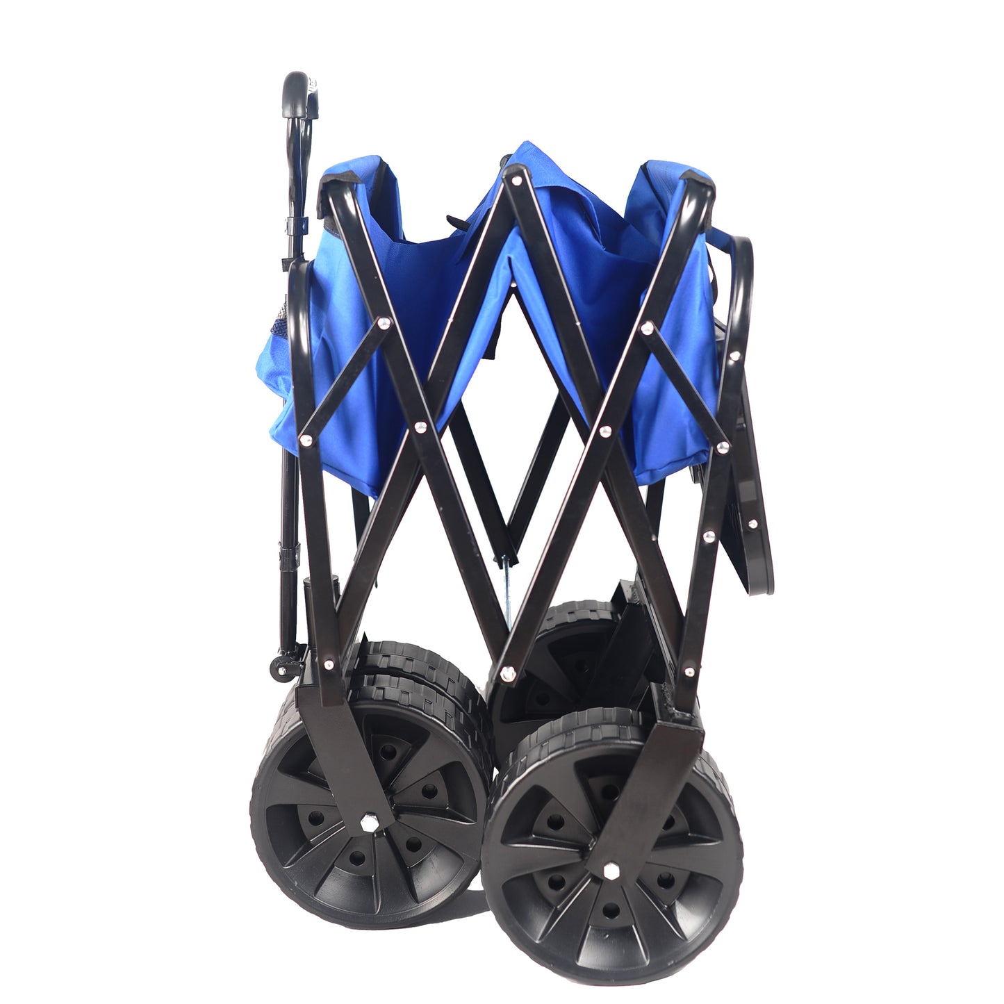 Blue folding wagon with black steel frame and rugged wheels ideal for camping