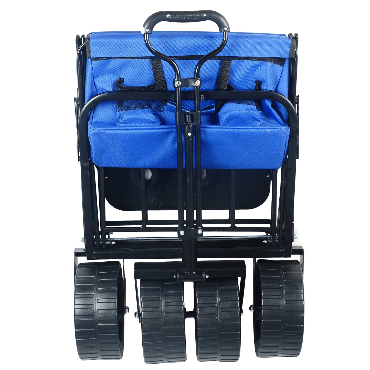 Blue fabric collapsible wagon with large black wheels and sturdy handle