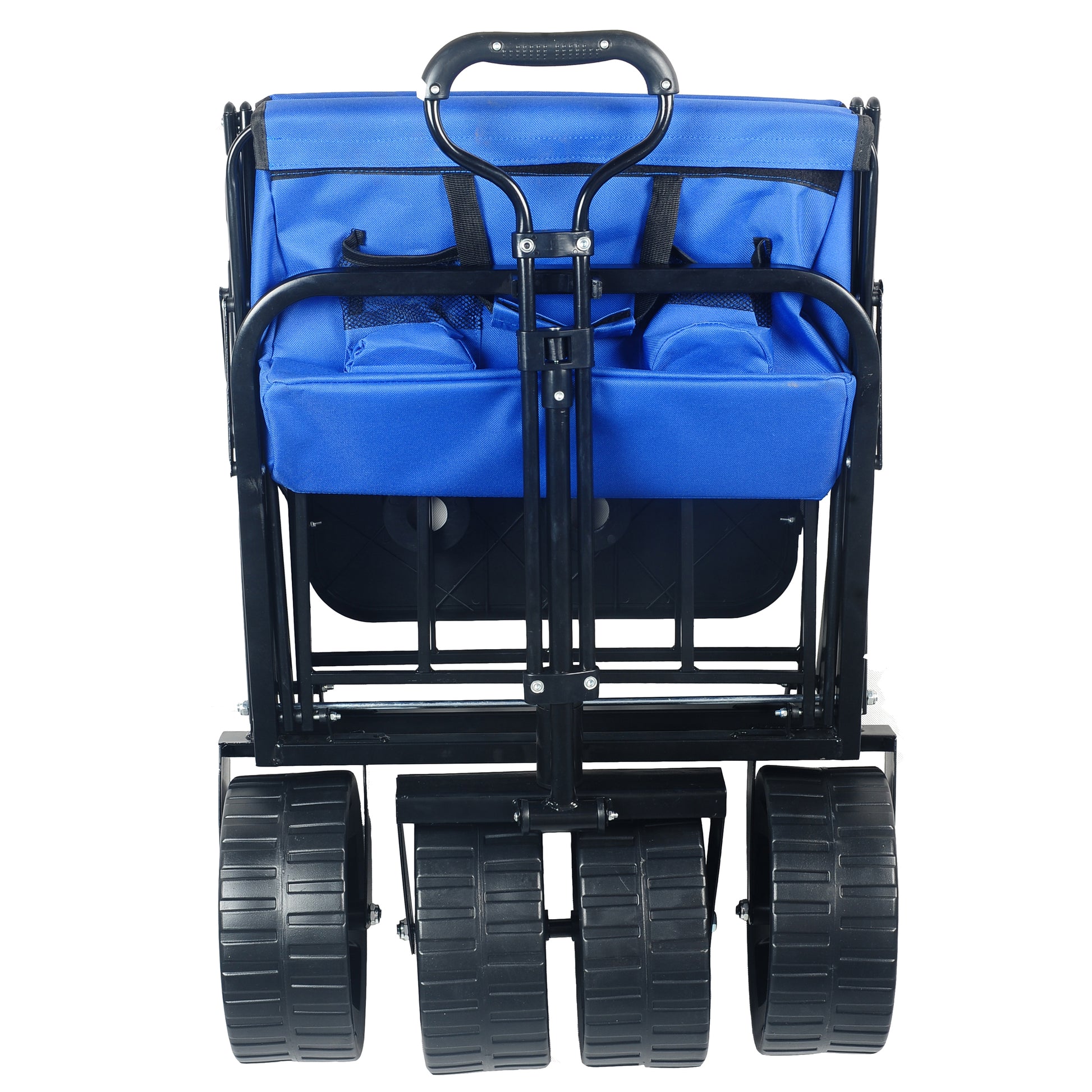 Blue fabric collapsible wagon with large black wheels and sturdy handle