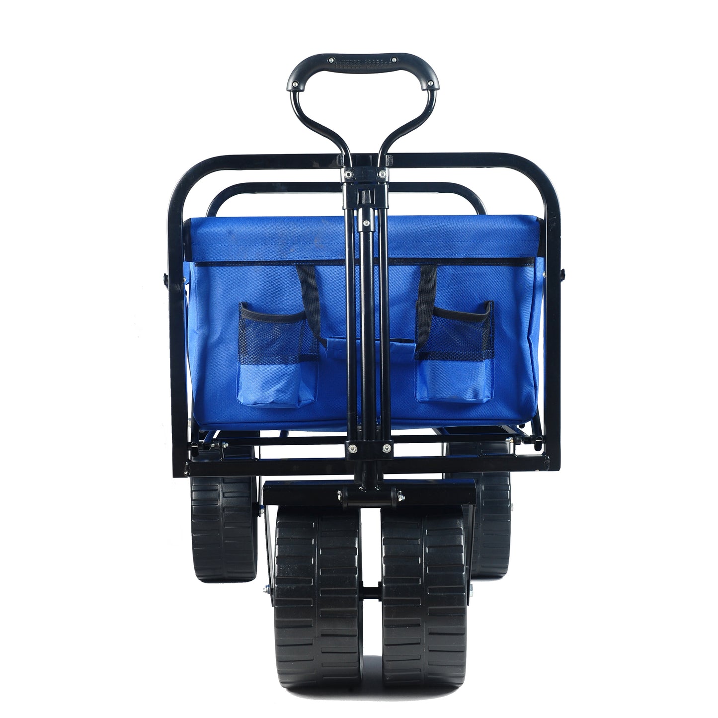 Blue foldable wagon with sturdy black frame and large wheels for outdoor use