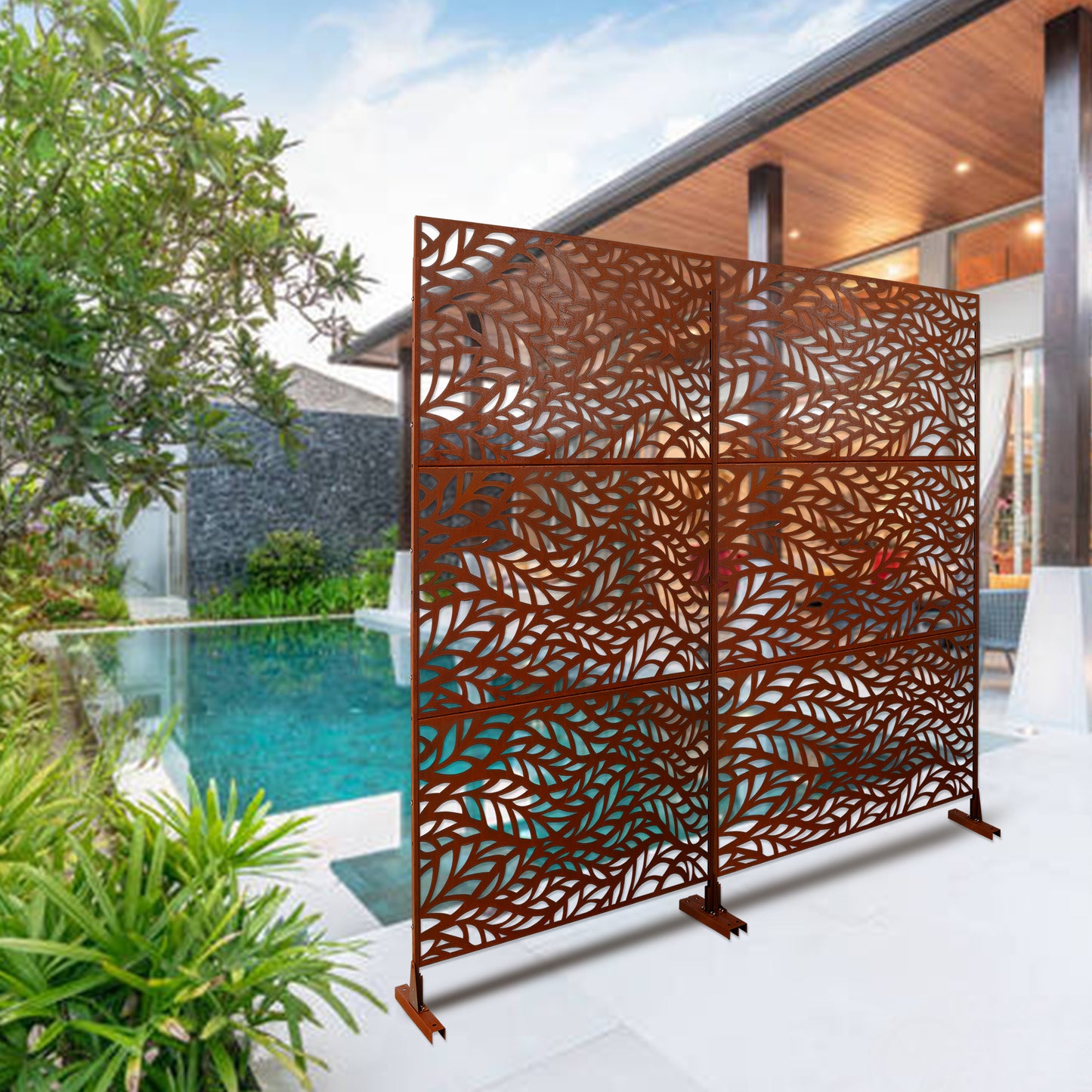 Decorative garden screen with intricate leaf pattern in corten steel finish for outdoor privacy