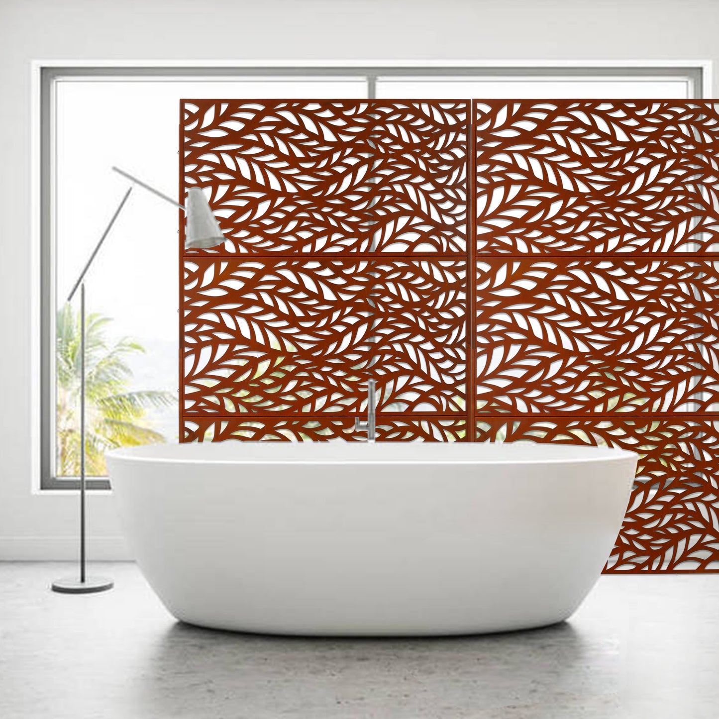 Rustic brown lasercut metal screen with intricate leaf pattern for garden privacy