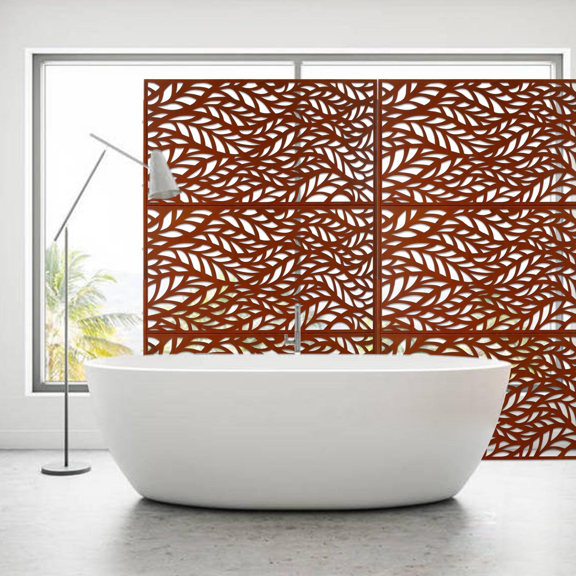 Rustic brown lasercut metal screen with intricate leaf pattern for garden privacy