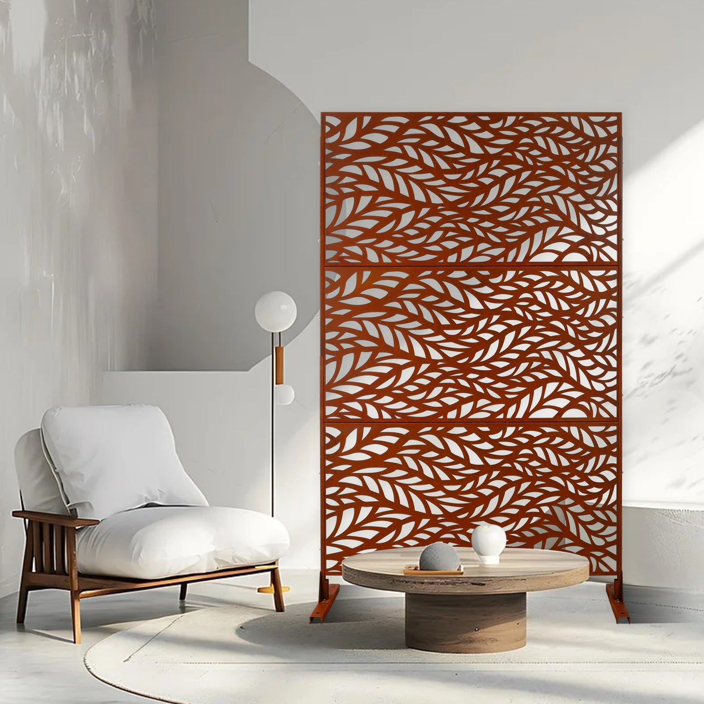 Modern laser cut metal privacy screen with leaf pattern rustic brown finish