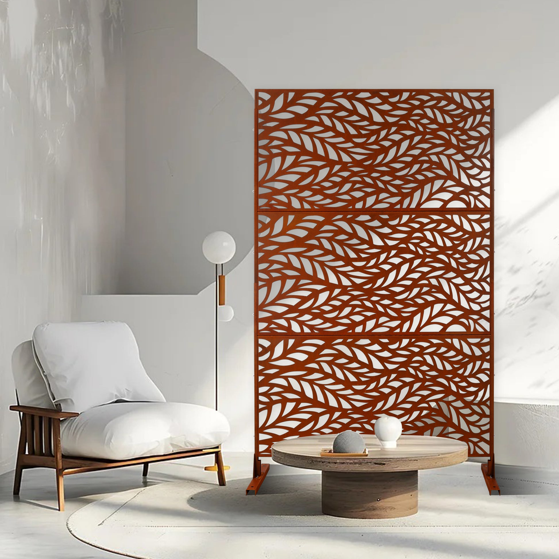 Modern laser cut metal privacy screen with leaf pattern rustic brown finish