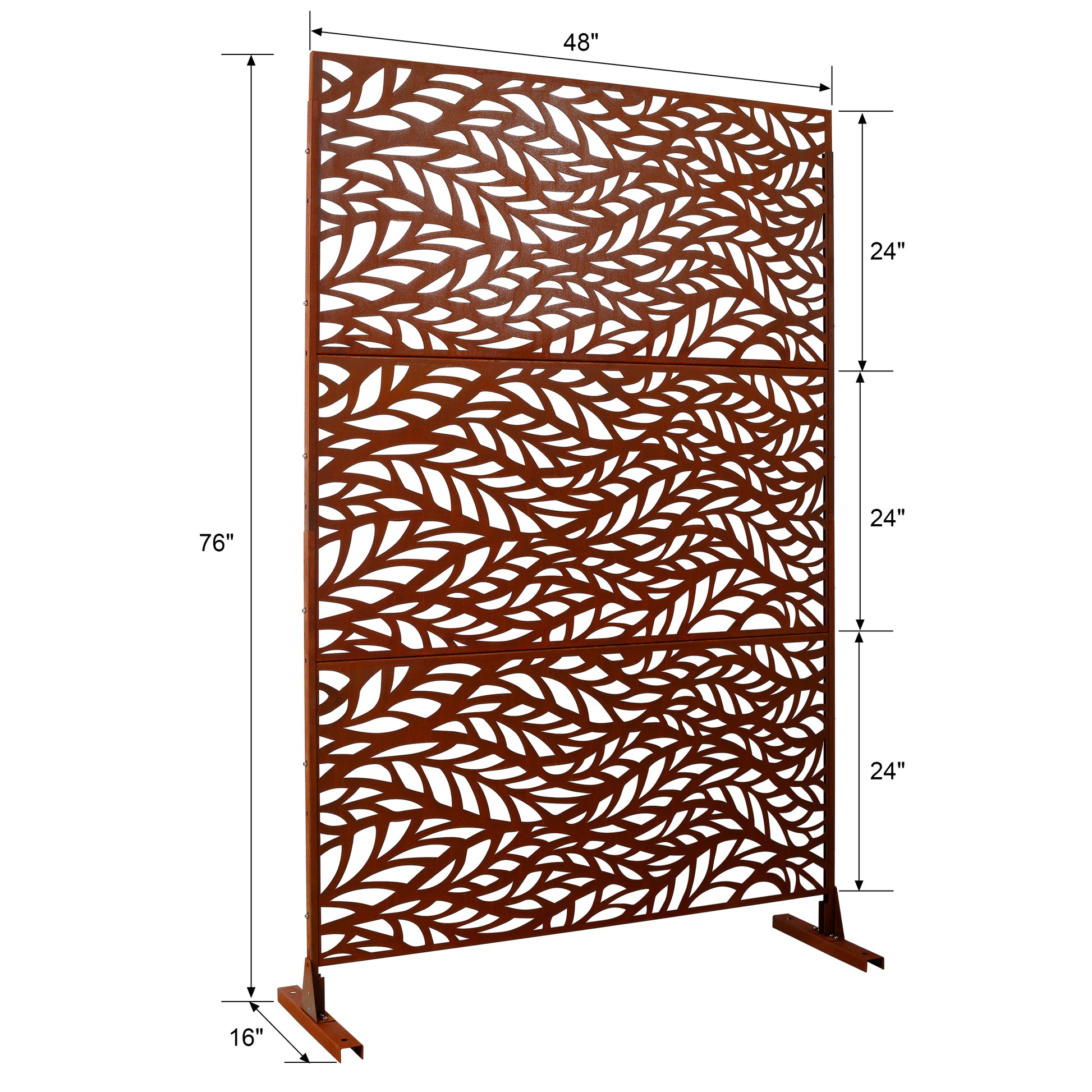 Decorative metal garden screen with intricate leaf pattern in rustic brown
