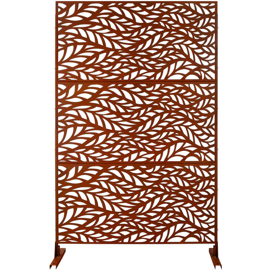 Rusted metal privacy screen with intricate leaf pattern