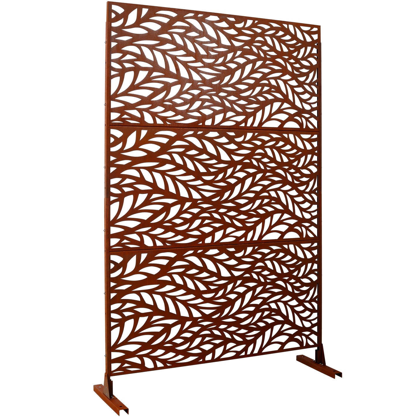 Rusty metal garden screen with decorative leaf pattern