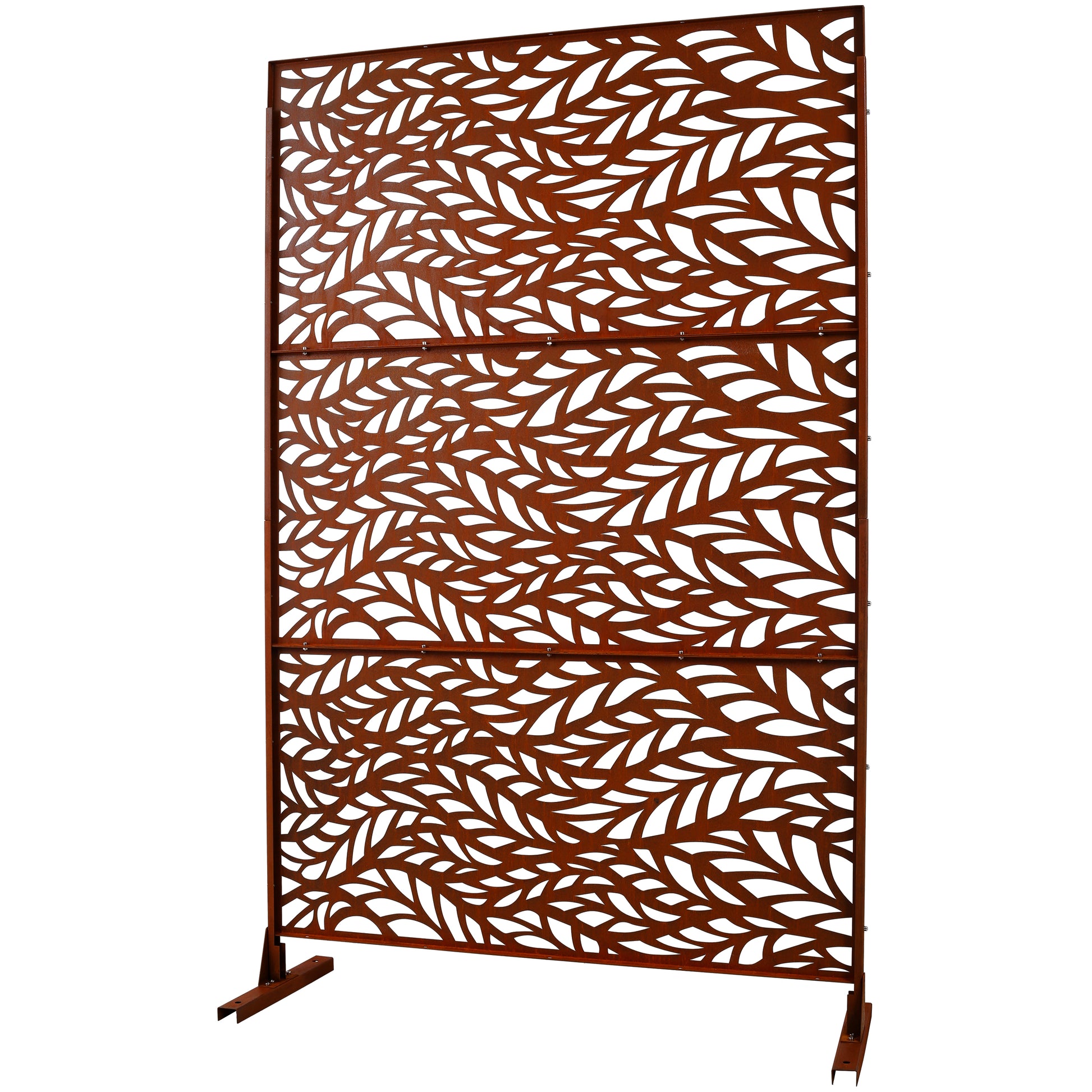 Decorative metal garden screen with intricate leaf pattern rust finish for outdoor privacy