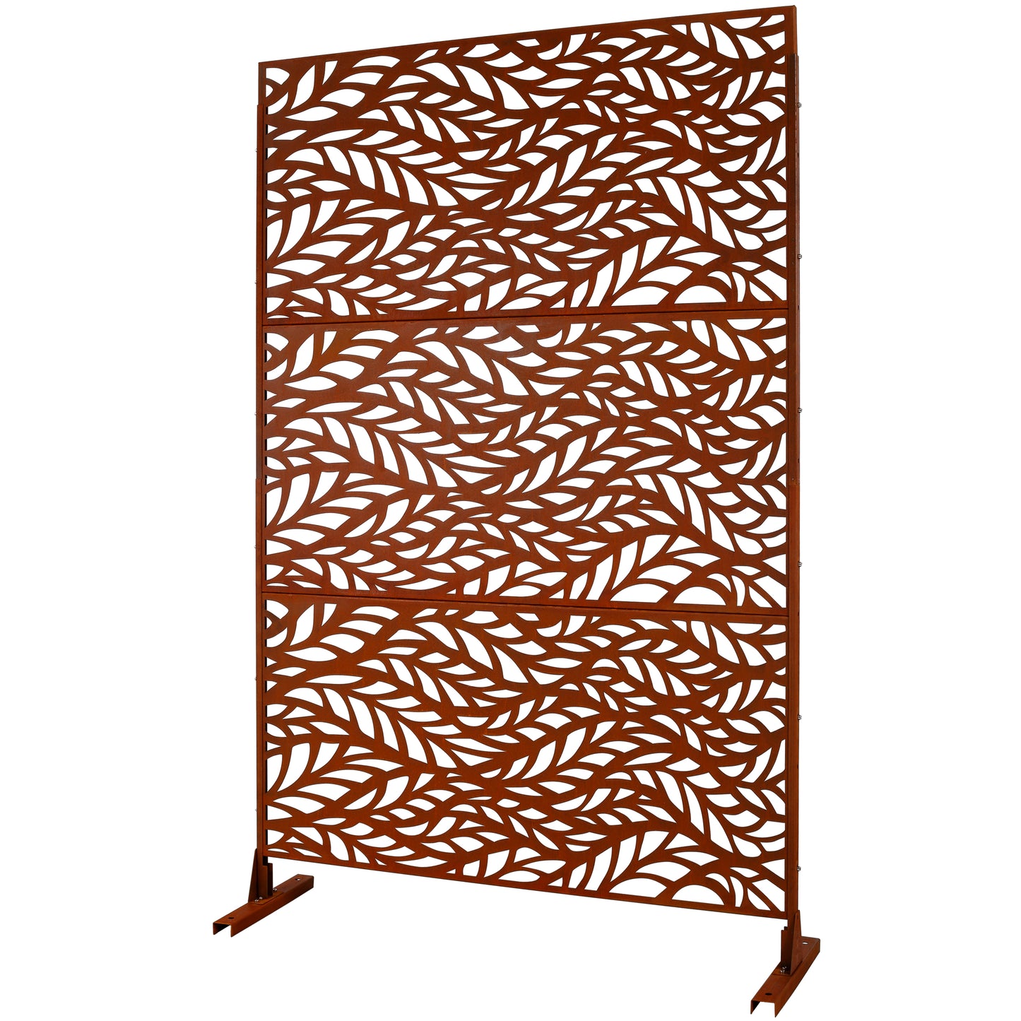 Ornate metal garden screen with rust finish and decorative leaf pattern