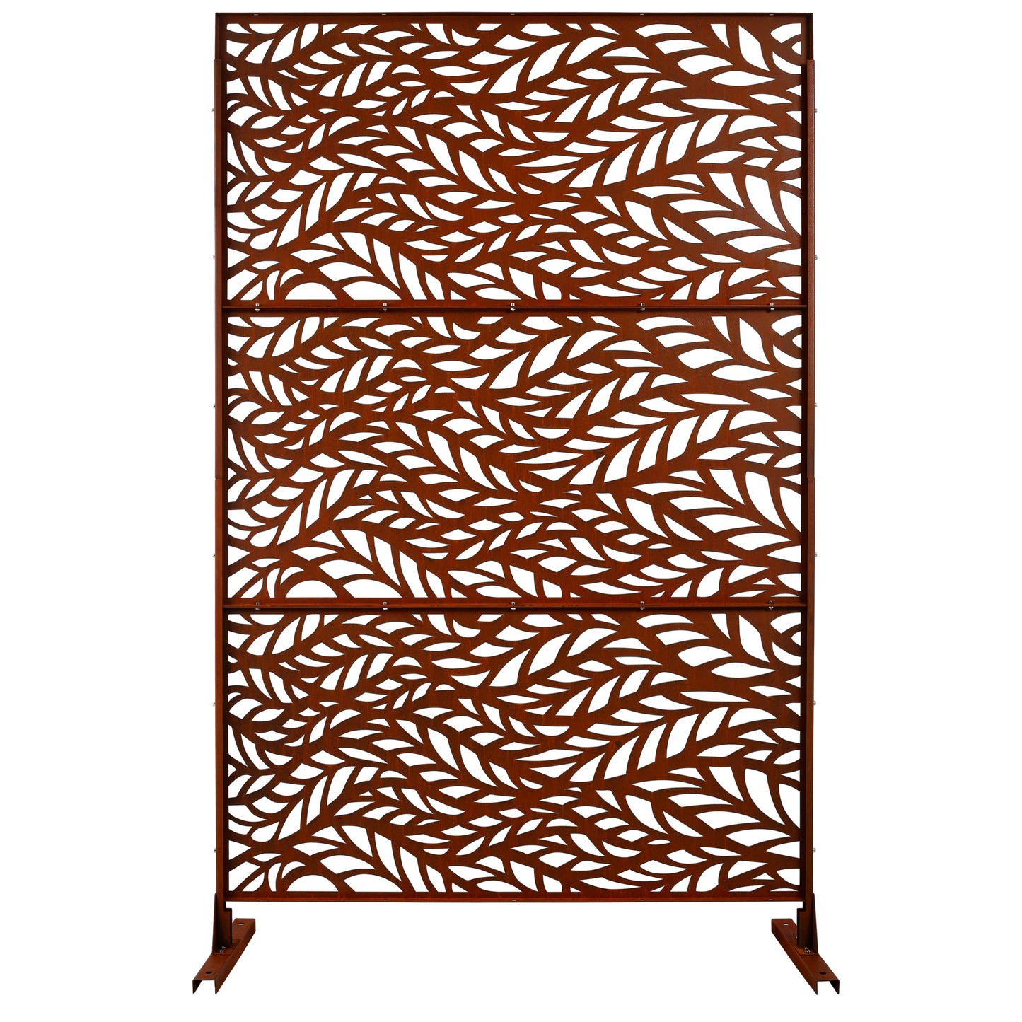 Rustic metal garden screen with intricate leaf pattern perfect for outdoor privacy