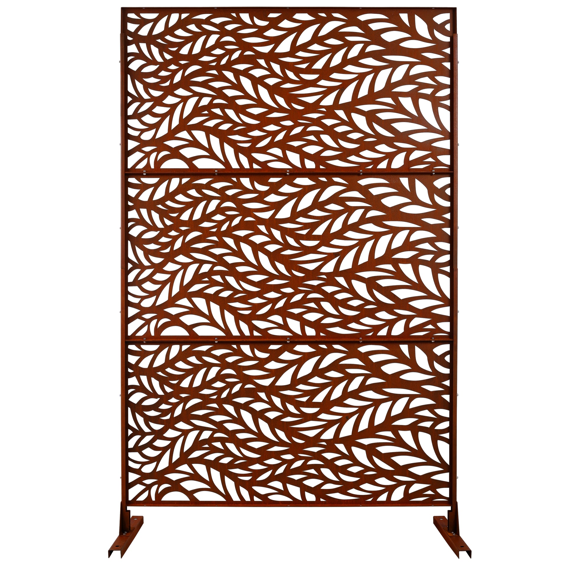 Rustic metal garden screen with intricate leaf pattern perfect for outdoor privacy