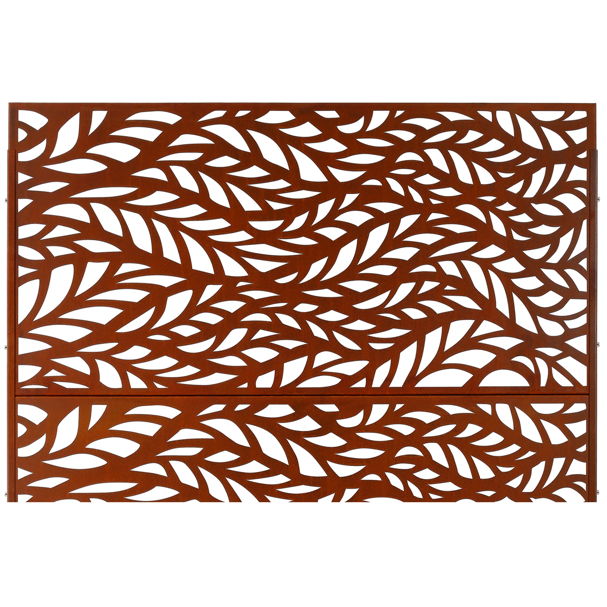 Rusty metal garden screen with intricate leaf pattern