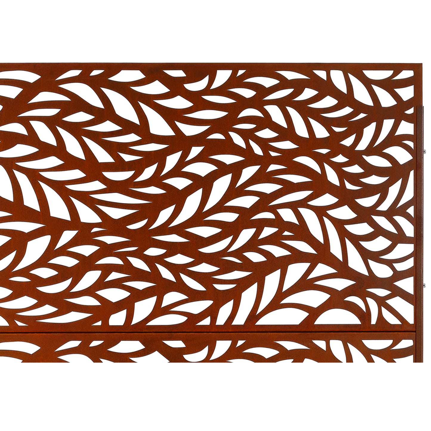 Rusty metal garden screen with intricate leaf cutouts