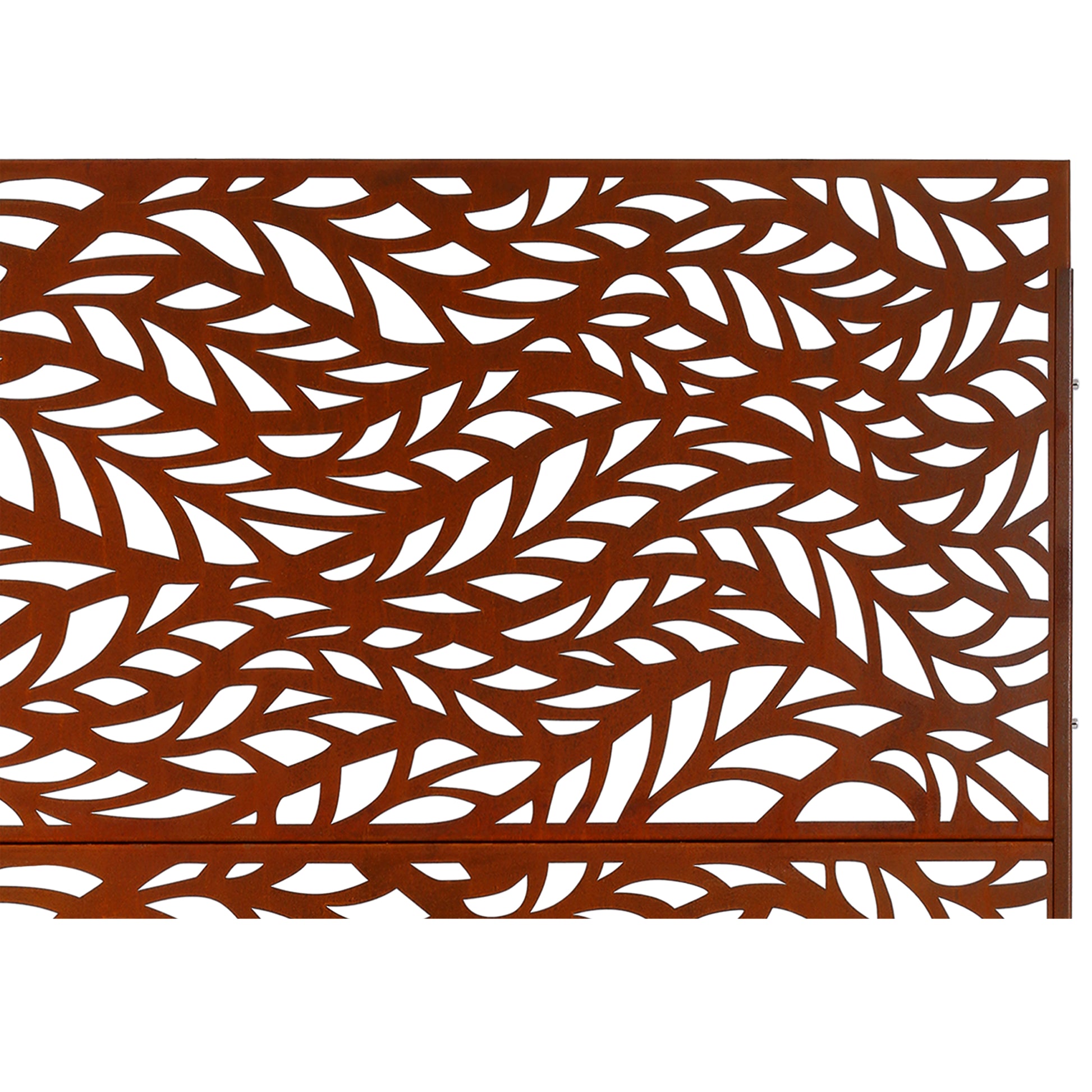Rusty metal garden screen with intricate leaf cutouts
