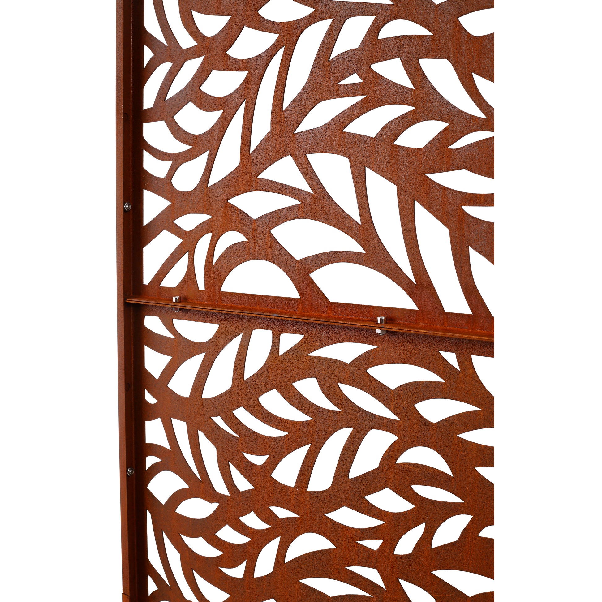 Rusty metal garden screen with intricate leaf pattern design