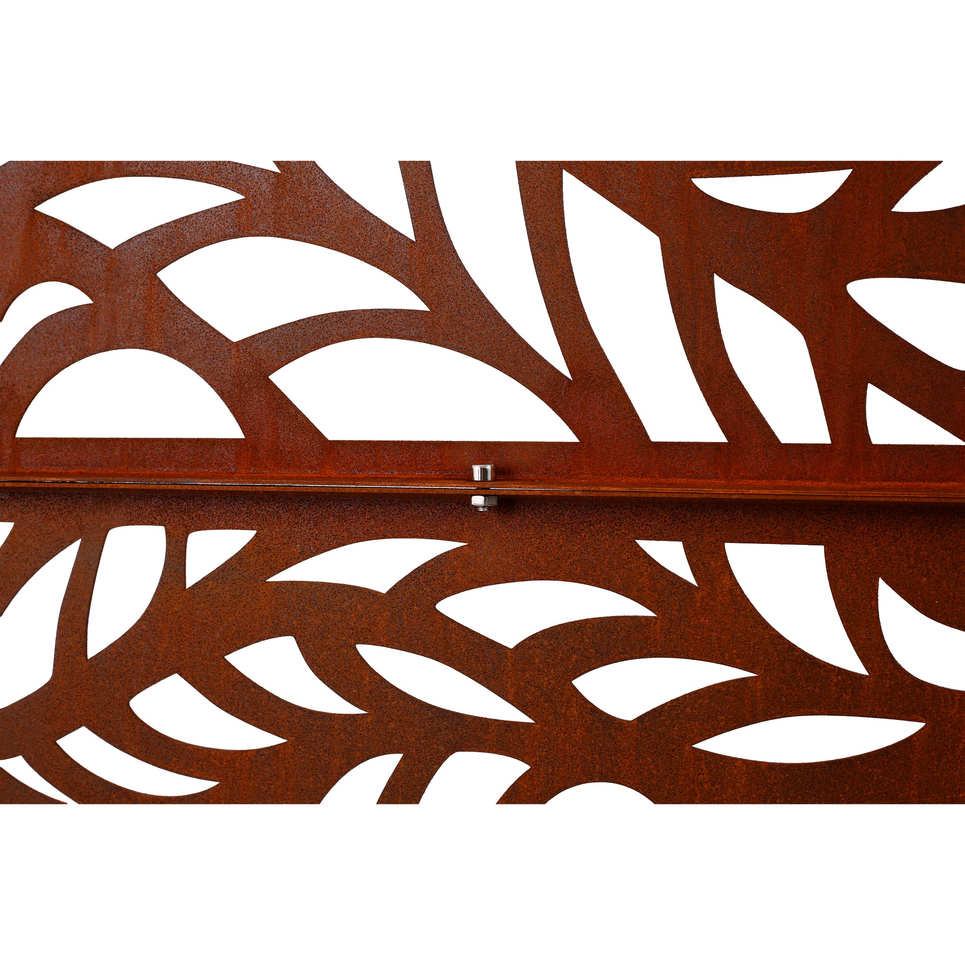 Rusty metal screen panel with lasercut leaf pattern ideal for garden screening