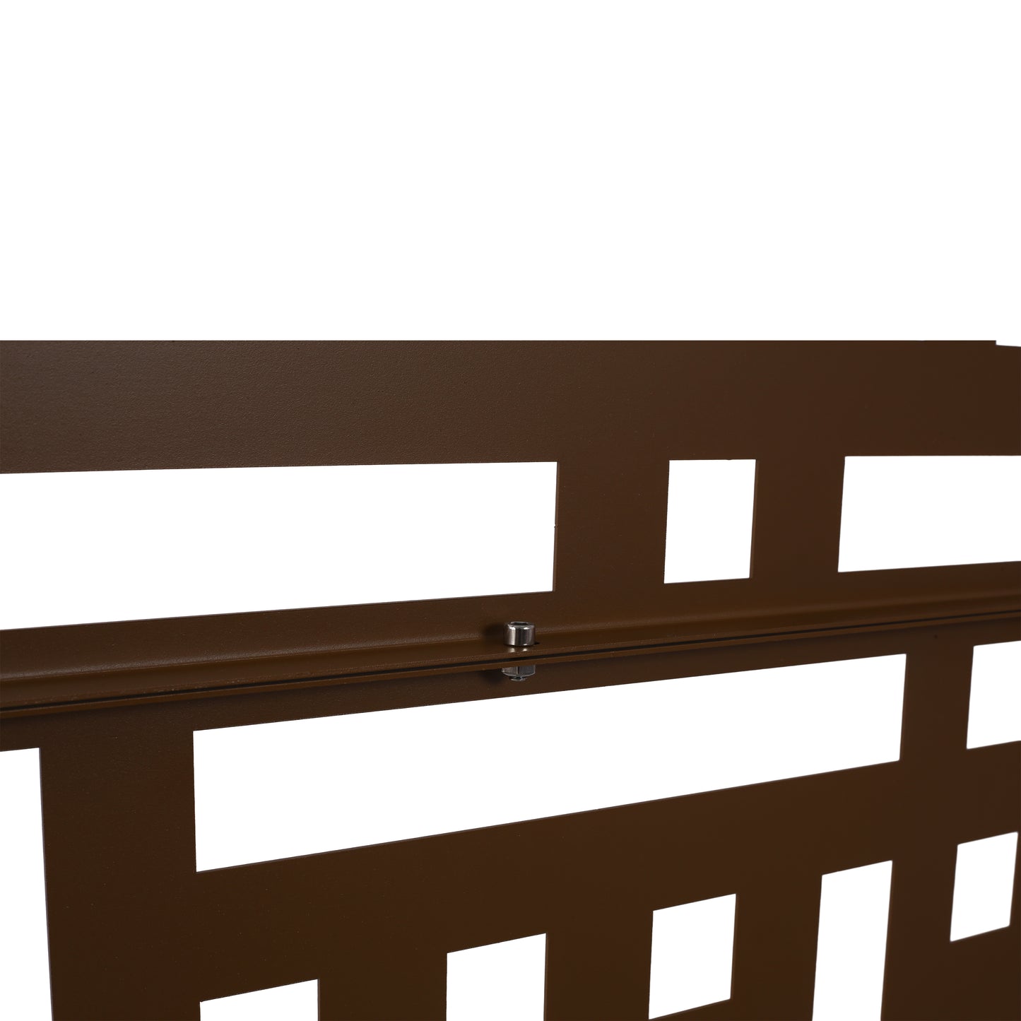 Textured dark brown metal railing with rectangular cutouts for a modern fence