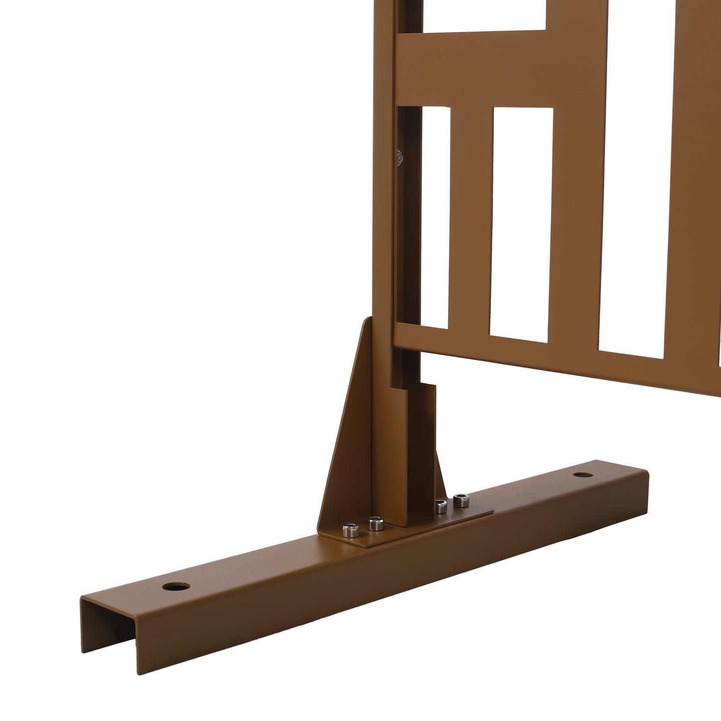Brown metal fence panel base with bolts and support bracket