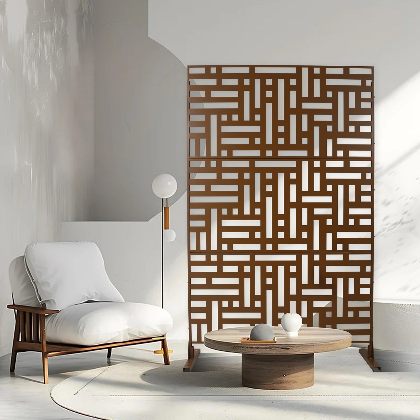 Geometric room divider screen with intricate bronze interlocking pattern modern home decor