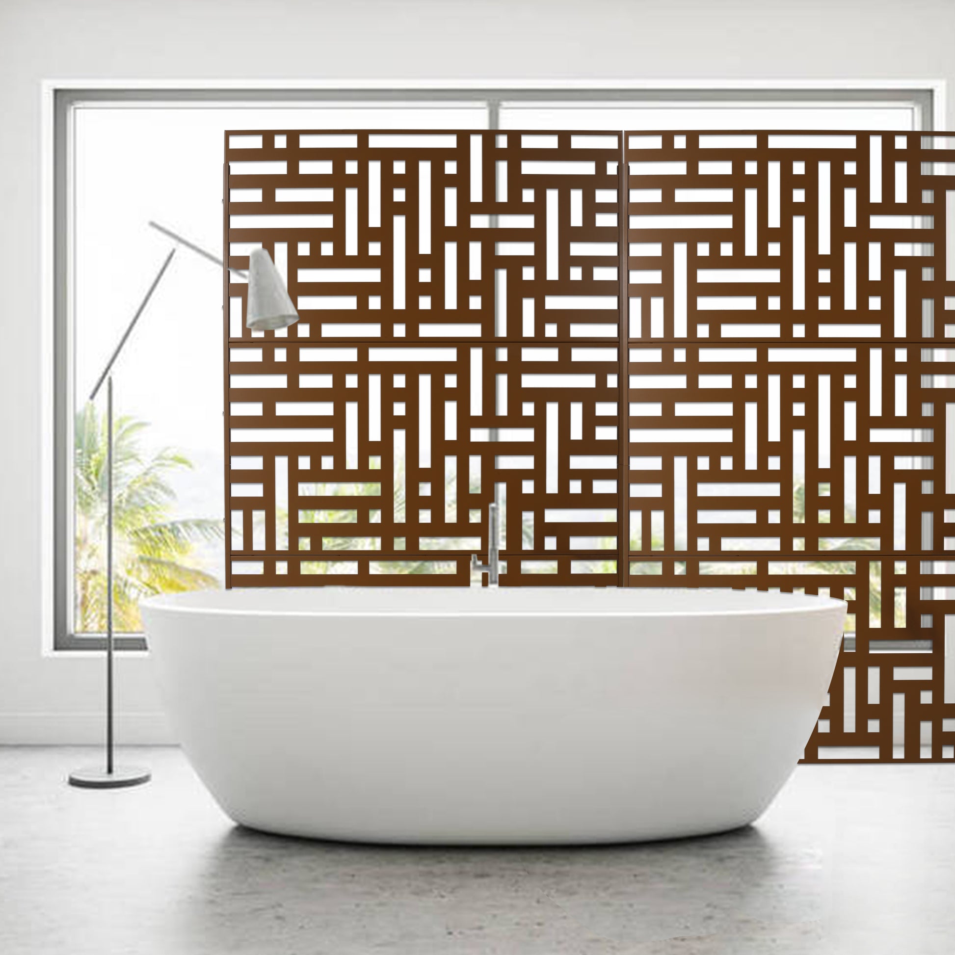 Modern brown metal privacy screen with geometric pattern for bathroom