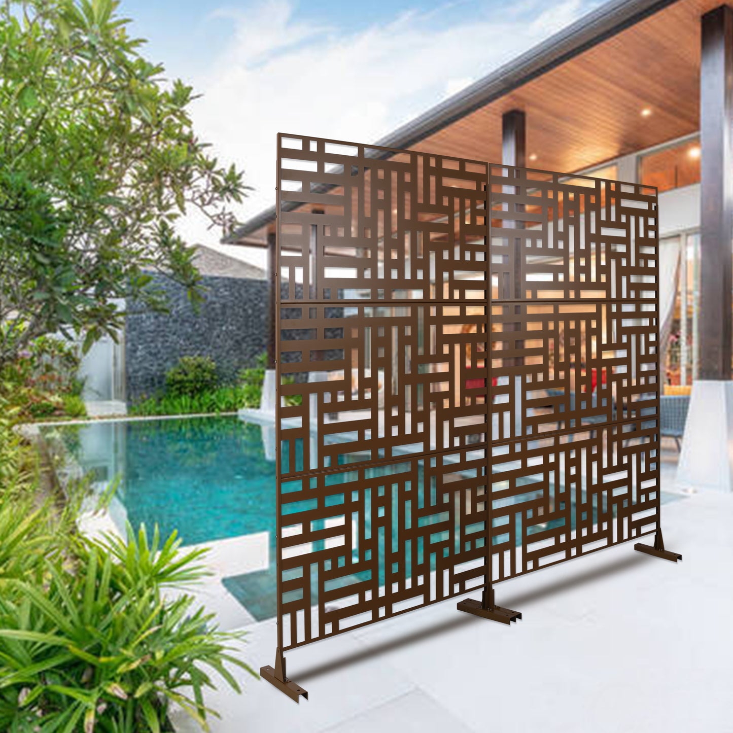 Bronze metal outdoor privacy screen with geometric pattern x