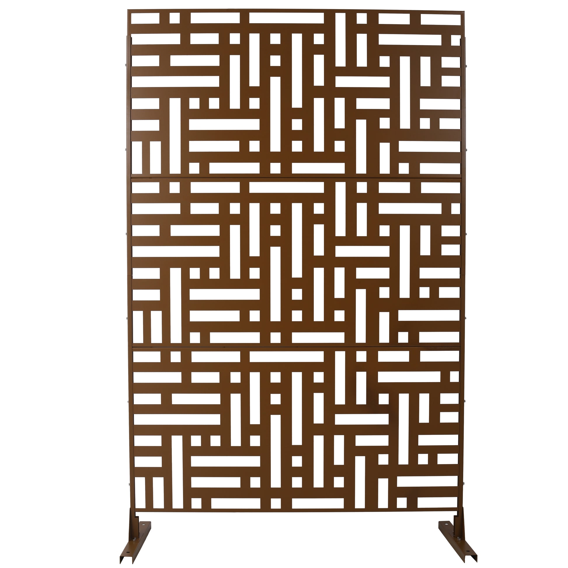 Bronze metal garden screen with geometric cutouts ideal for patio privacy