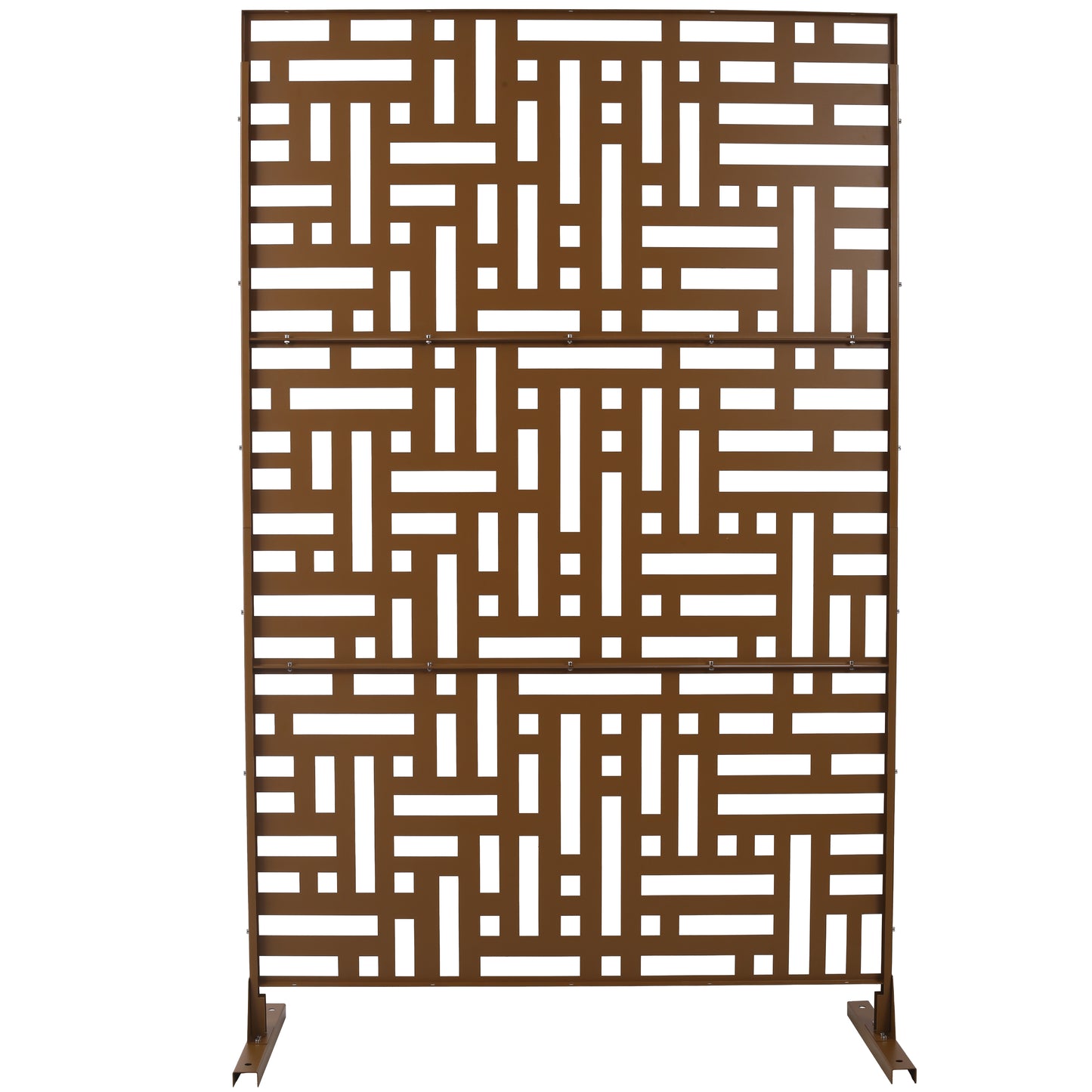 Bronze metal privacy screen with a geometric interlocking pattern ideal for gardens