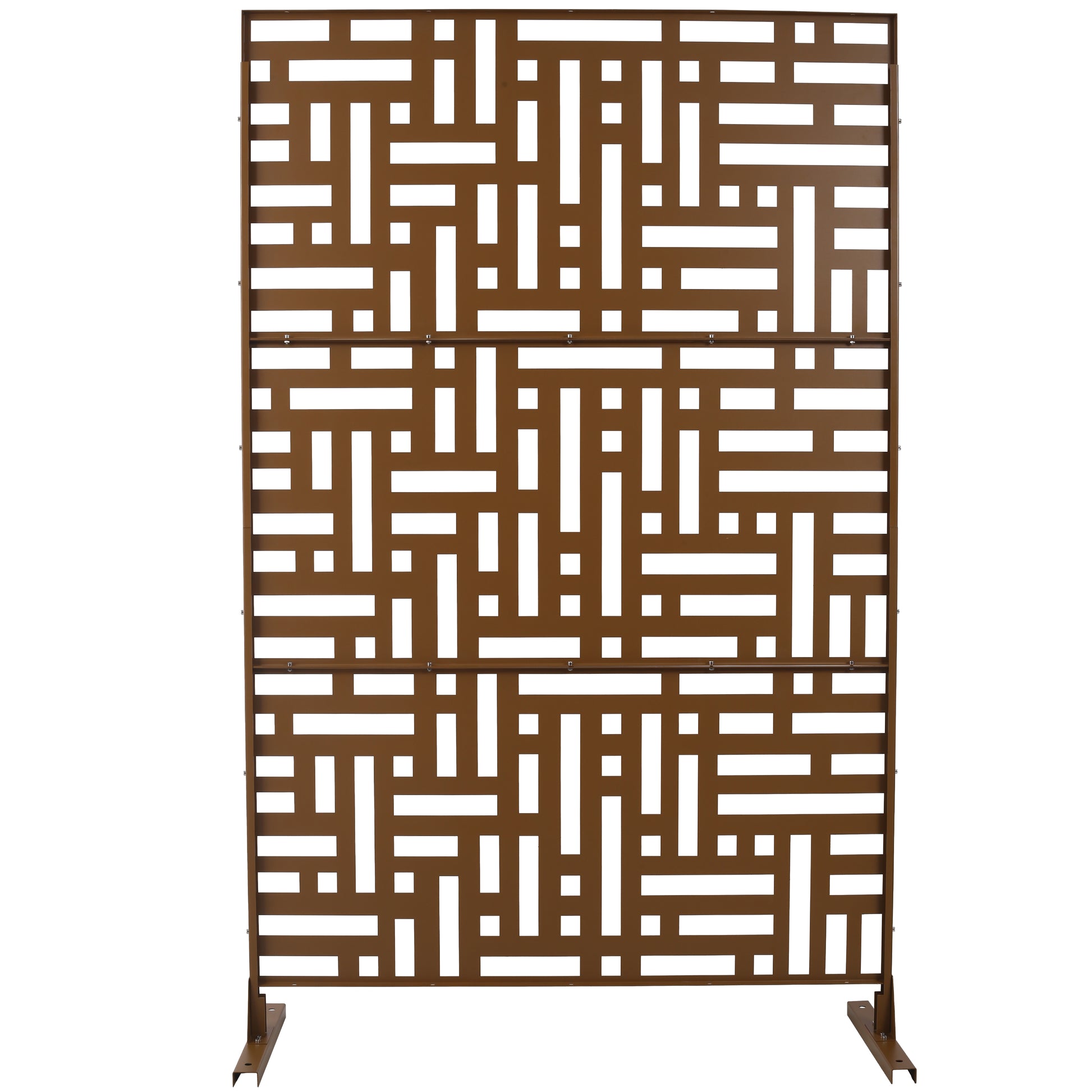 Bronze metal privacy screen with a geometric interlocking pattern ideal for gardens