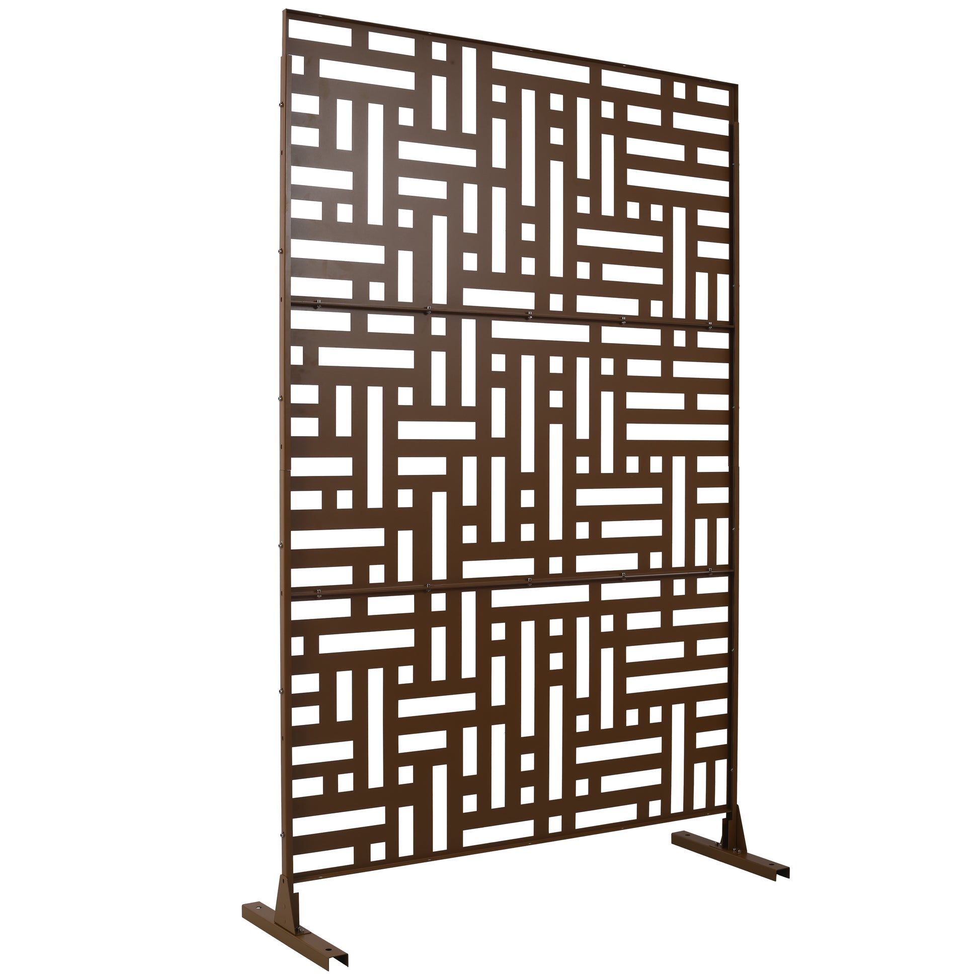 Modern brown metal outdoor privacy screen with geometric pattern