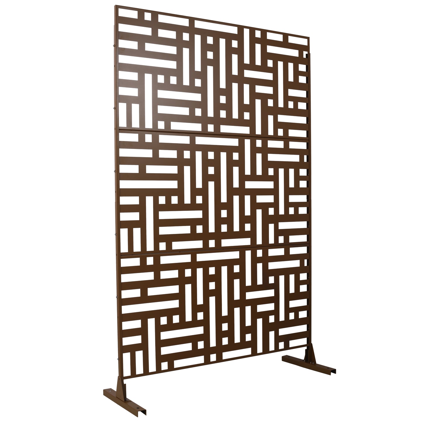 Brown metal decorative screen with geometric cutouts ideal for garden privacy