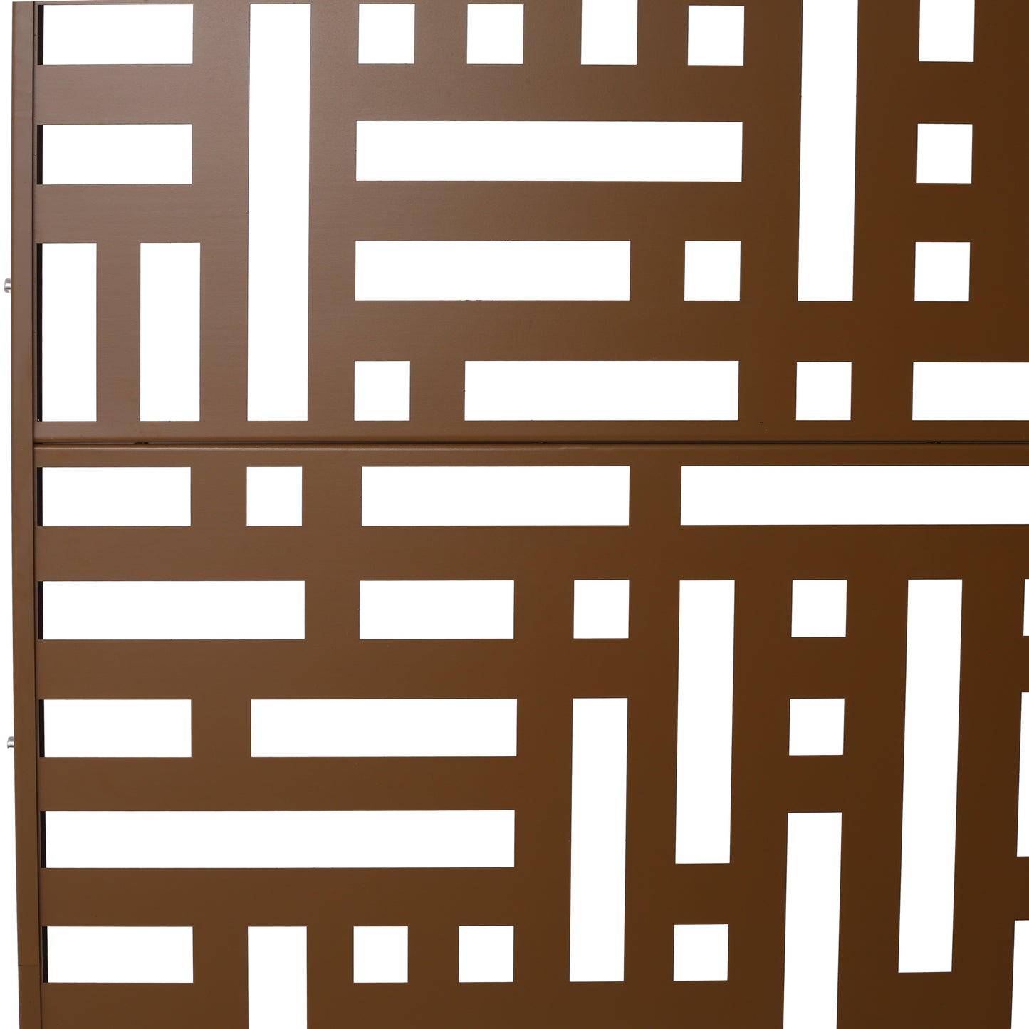 Brown metal decorative screen panel with geometric cutouts ideal for outdoor privacy screens
