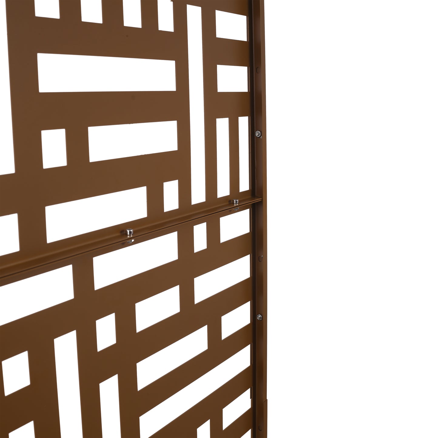 Brown metal decorative garden screen with geometric cutouts