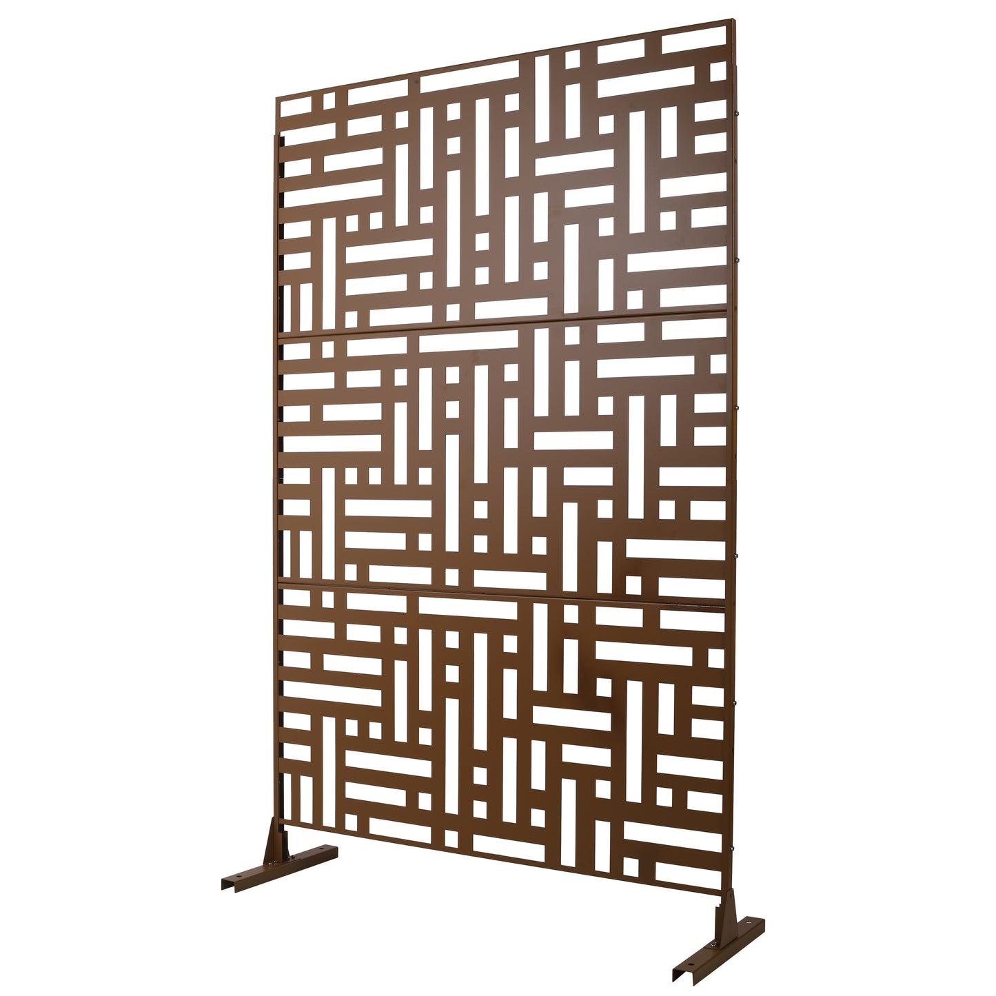 Brown metal outdoor privacy screen with a geometric cutout pattern for garden use