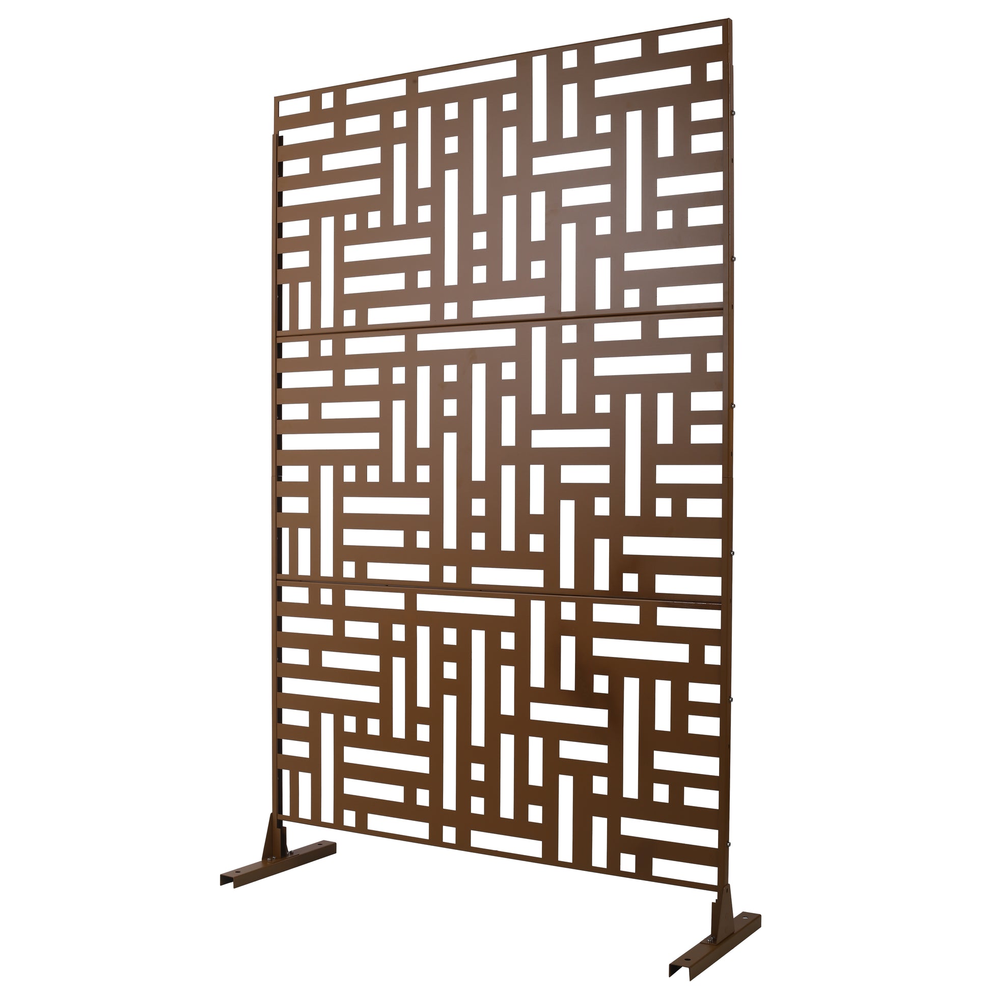 Brown metal outdoor privacy screen with a geometric cutout pattern for garden use