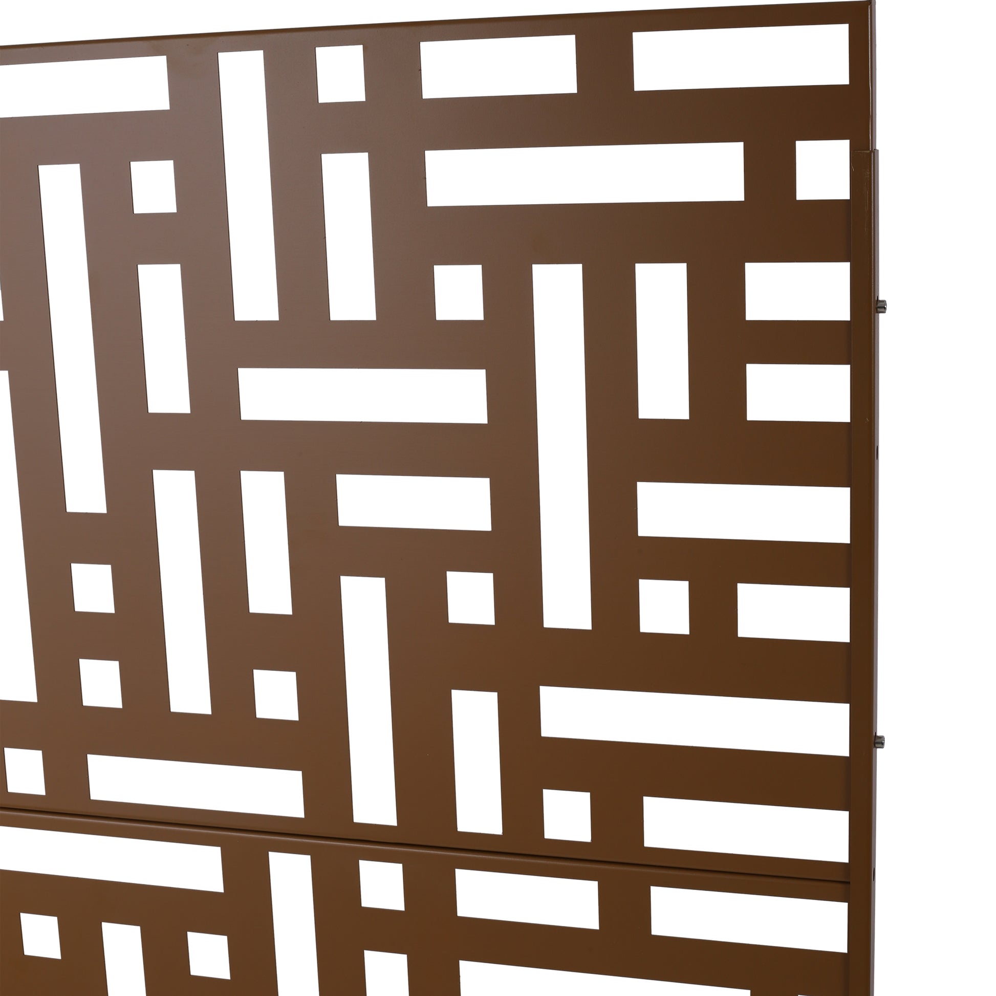 Bronze metal privacy screen with geometric cutout pattern for garden decor