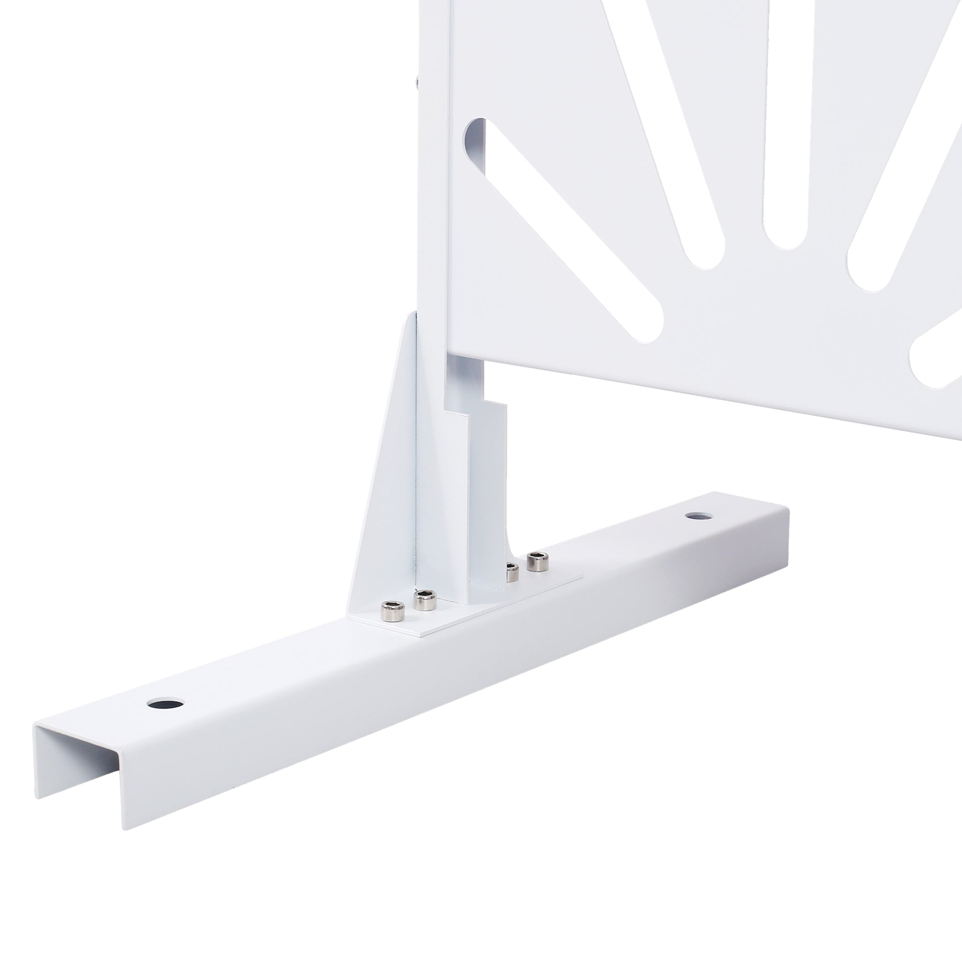 White metal fence post base with decorative sunburst cutouts and bolted support bracket