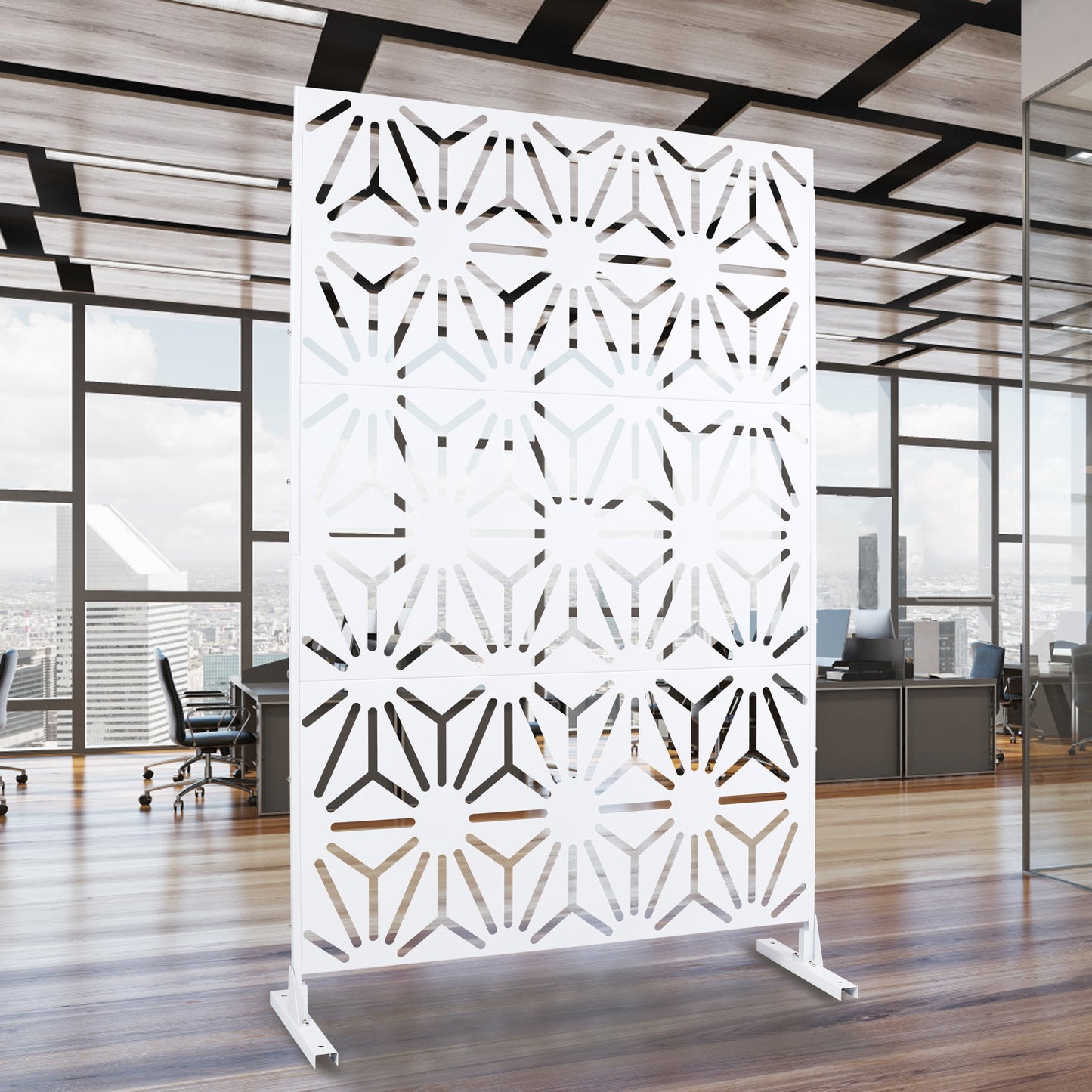 White decorative room divider with geometric cutouts modern office decor