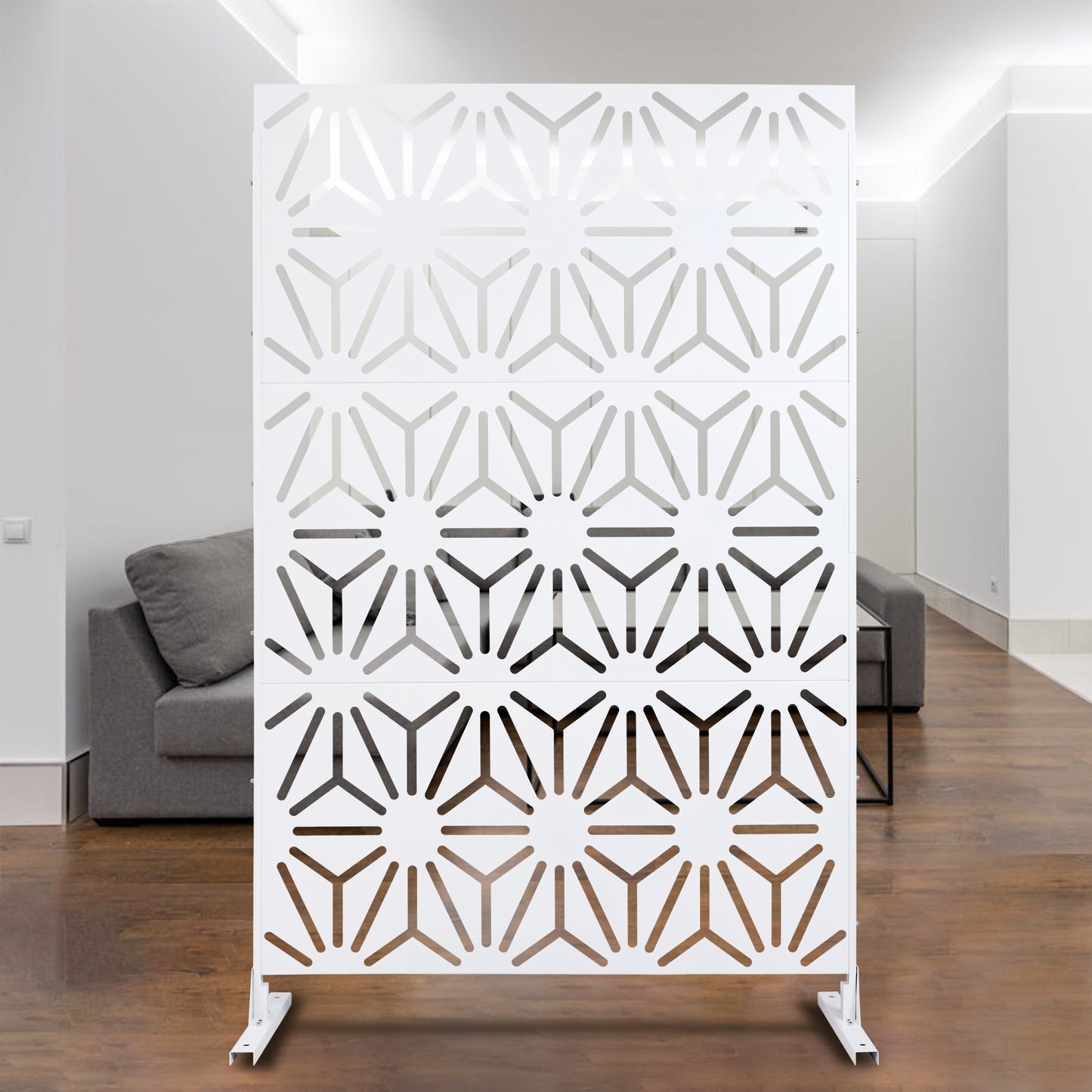 White geometric panel room divider with a modern art deco design perfect for living spaces