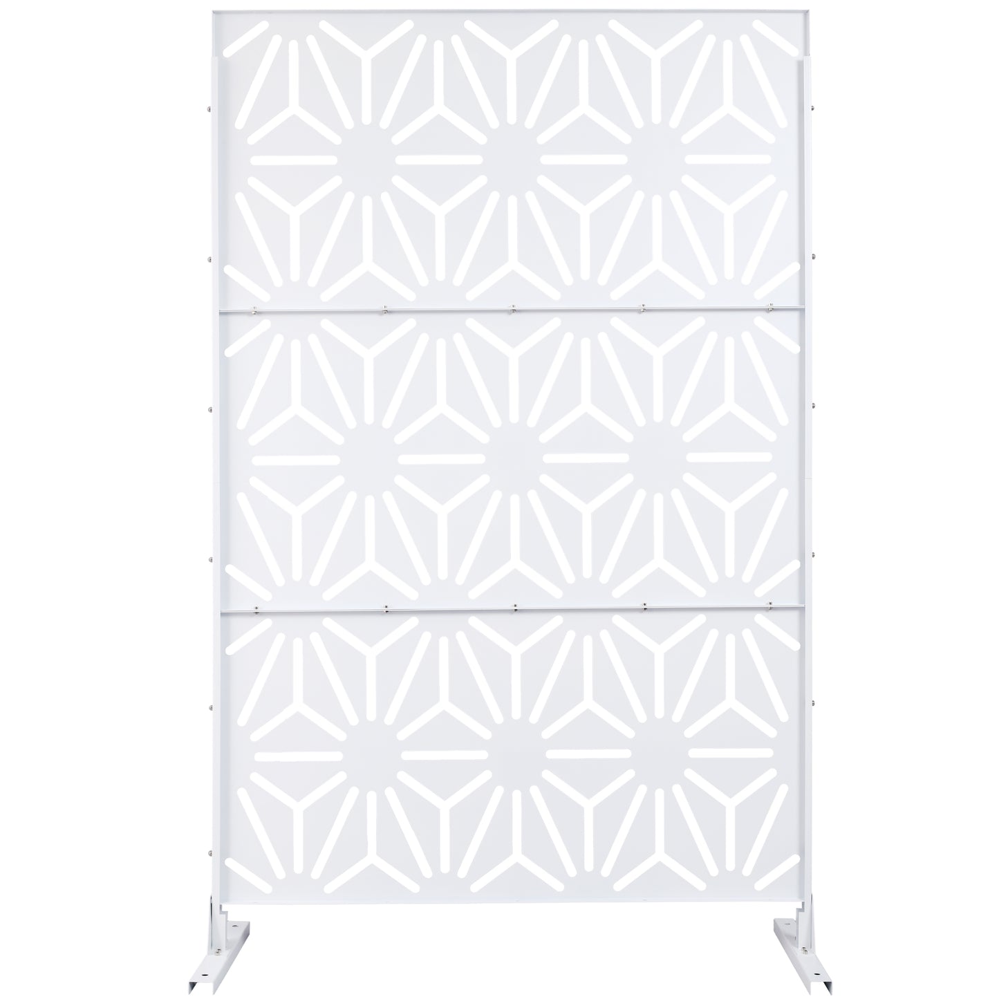 White metal privacy screen with geometric pattern for patio use